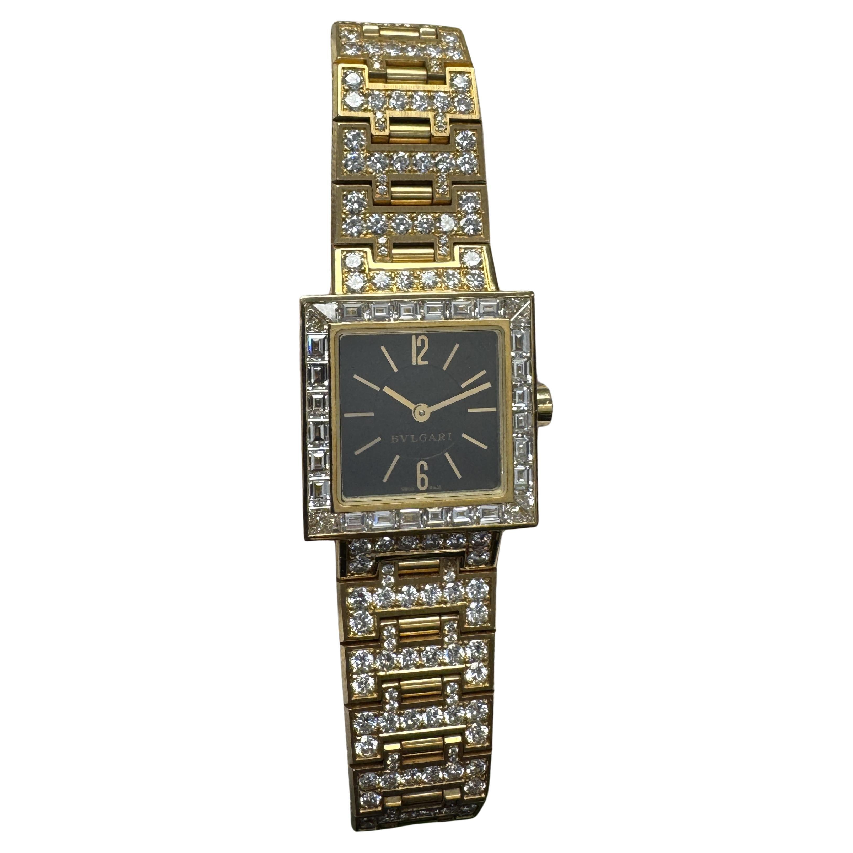 Bvlgari Quadratto 18K Oro Amarillo Damond Esfera Negra Pulsera Pave Reloj Señora en venta