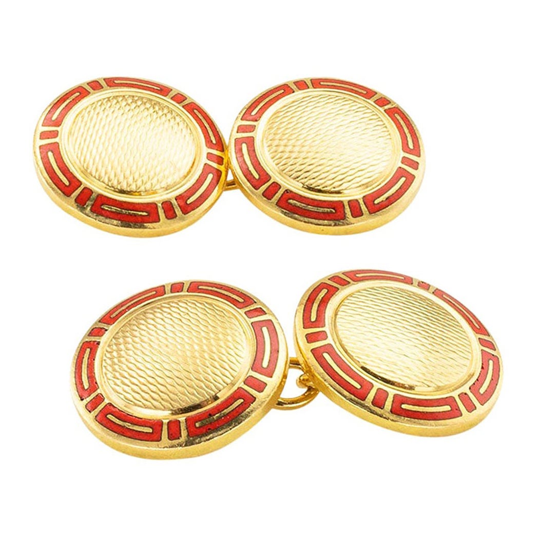 Gemelli Bvlgari in oro giallo e smalto rosso, circa anni 
90