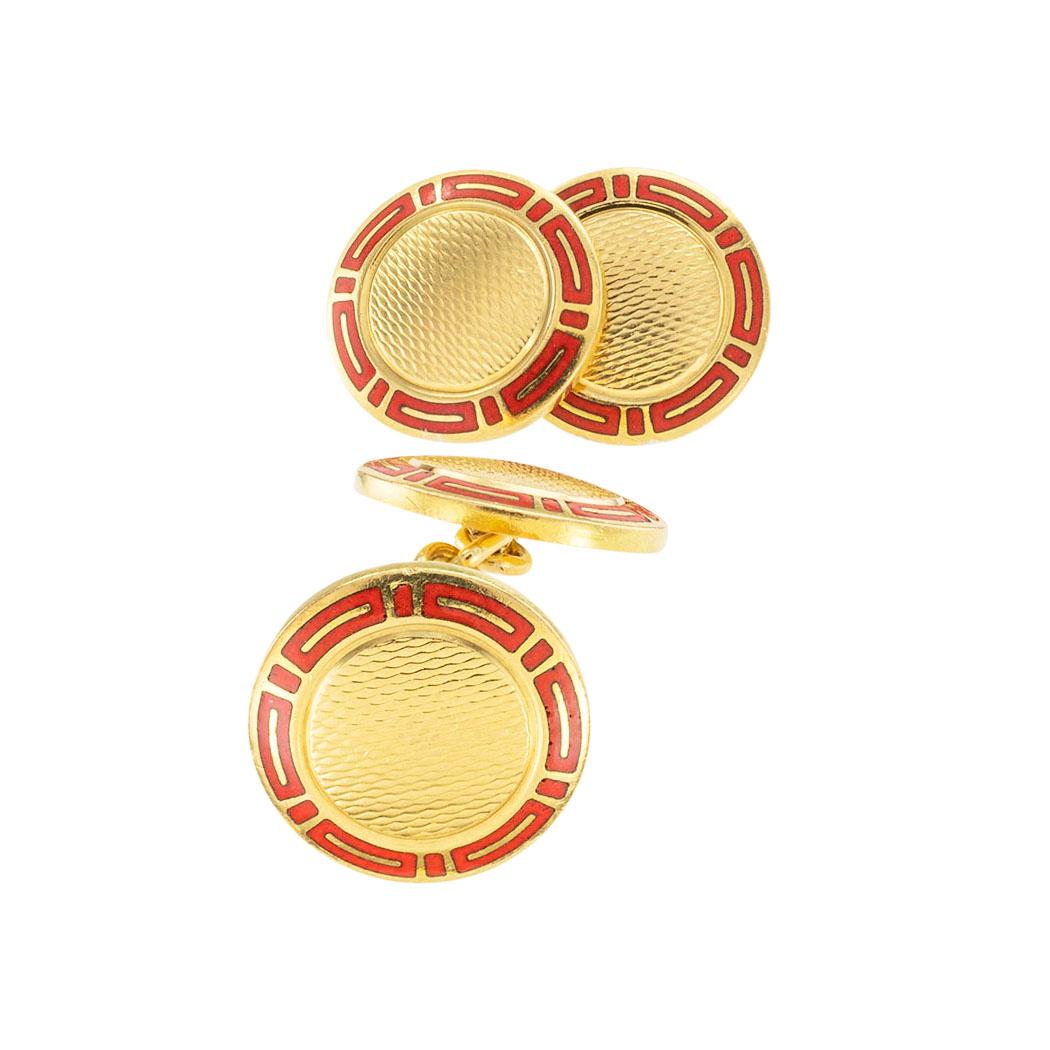 Bvlgari red enamel and gold double-sided cufflinks circa 1990.  

We are here to connect you with beautiful and affordable antique and estate jewelry.

SPECIFICATIONS:

METAL:  18-karat yellow gold decorated with red enamel motifs.

WEIGHT:  17.8