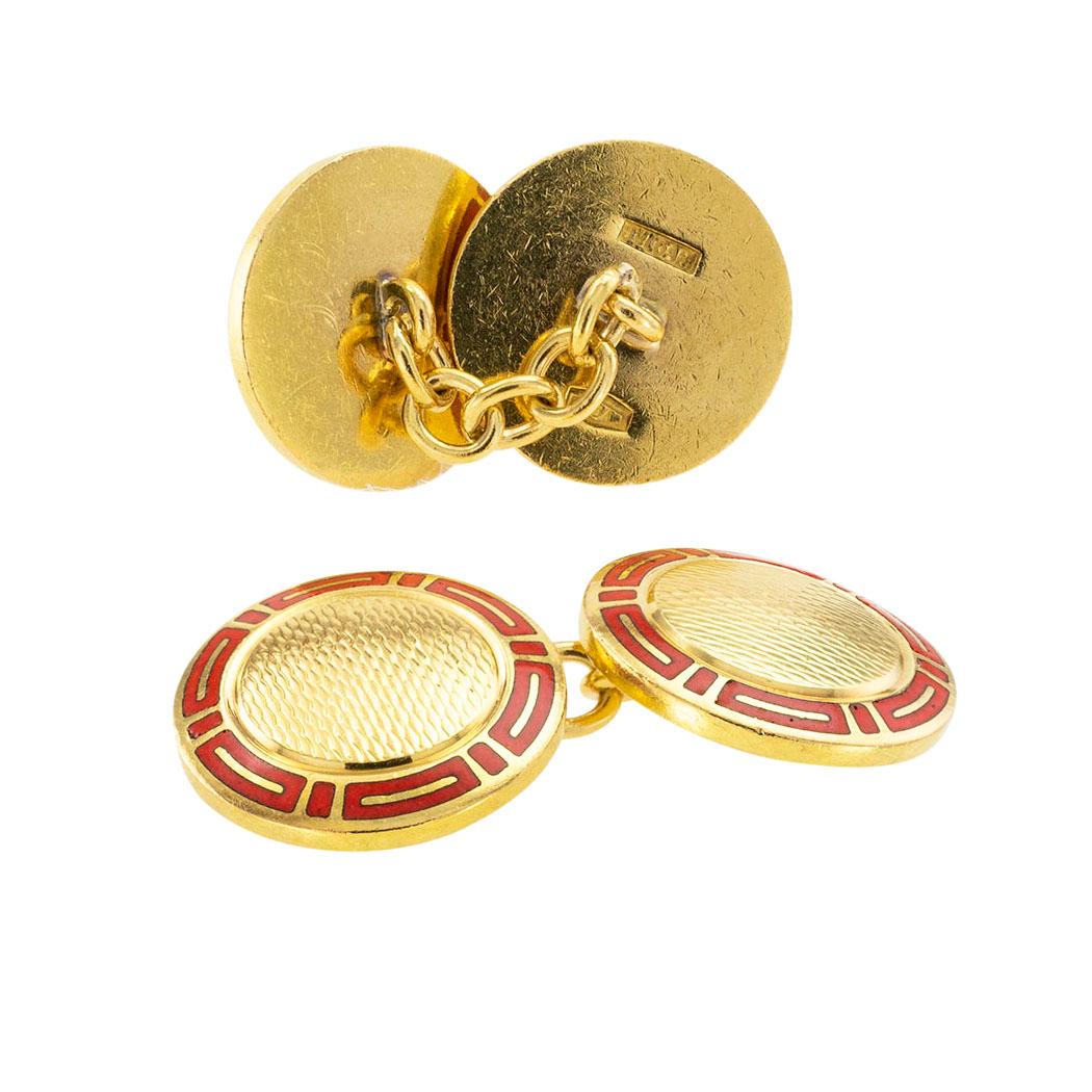 Contemporary Bvlgari Red Enamel Yellow Gold Cufflinks For Sale