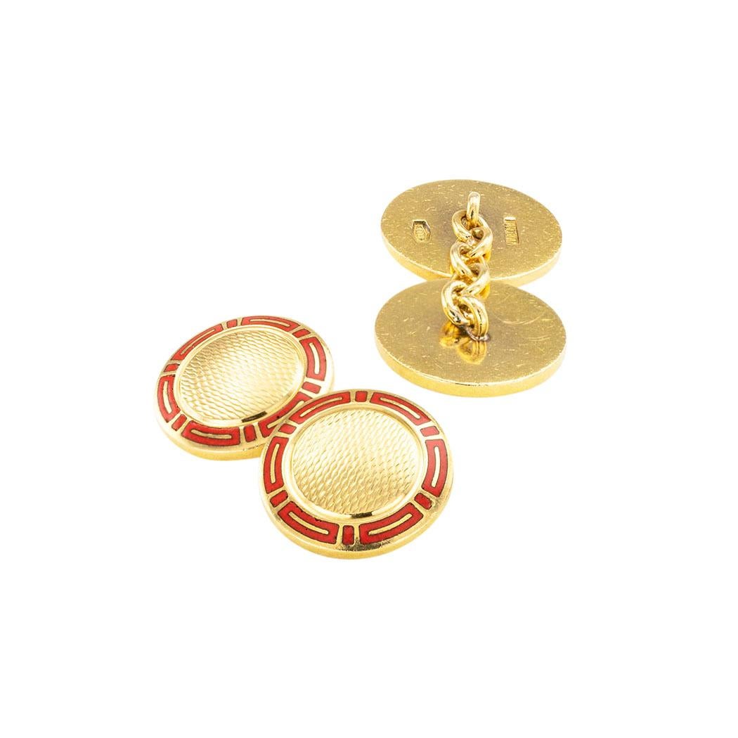 Bvlgari Red Enamel Yellow Gold Cufflinks In Good Condition For Sale In Los Angeles, CA