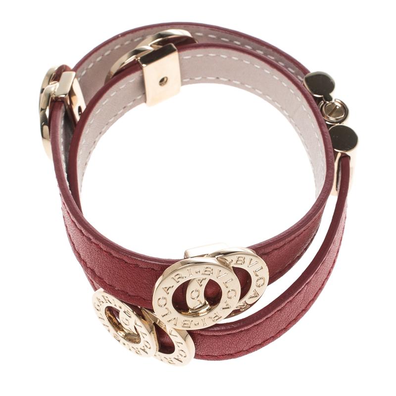 Contemporary Bvlgari Red Leather Double Coiled Gold Plated Bracelet