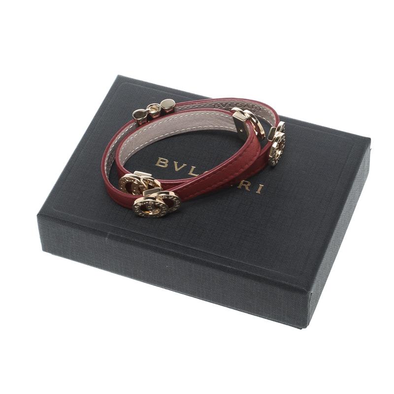 Women's or Men's Bvlgari Red Leather Double Coiled Gold Plated Bracelet