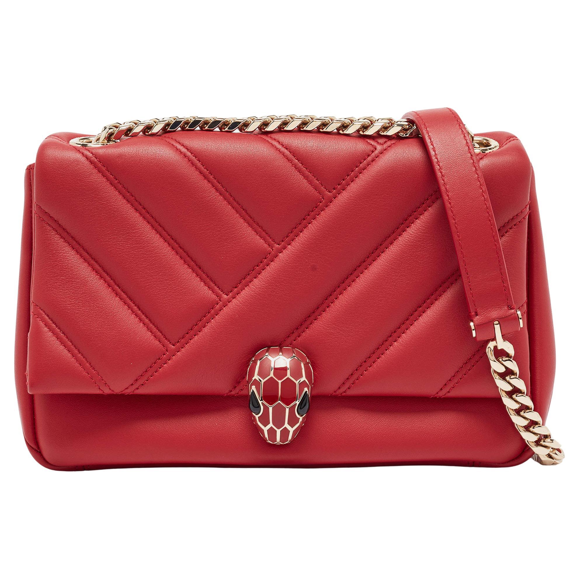Bvlgari Red Quilted Leather Small Serpenti Cabochon Shoulder Bag
