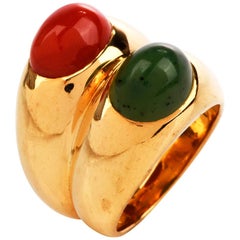 Bvlgari Retro Natural Coral Jade 18 Karat Gold Bulgari Cocktail Ring