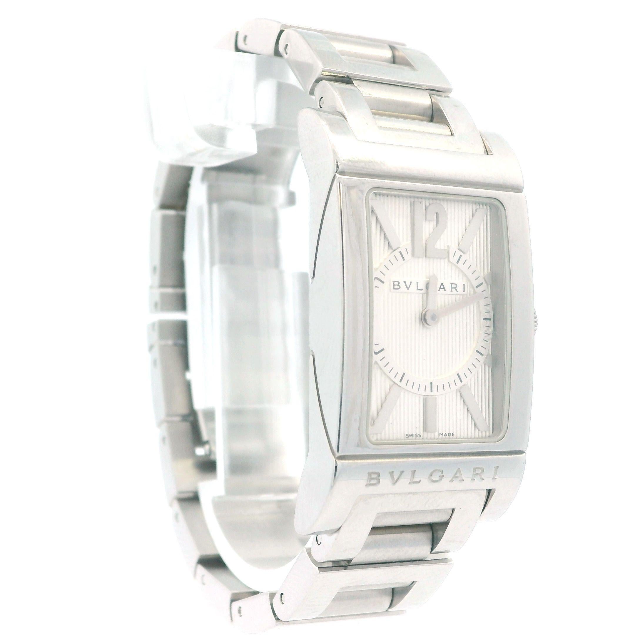 Brand: Bulgari
Model: Rettangolo
Reference: RT39S
Year: circa 2000
Material: Stainless steel
Diameter: 21mm (without crown)
Crystal: Sapphire crystal
Movement: Quartz
Bracelet/Strap: Stainless steel bracelet, fits 6-inch wrist.
Box/Papers: without