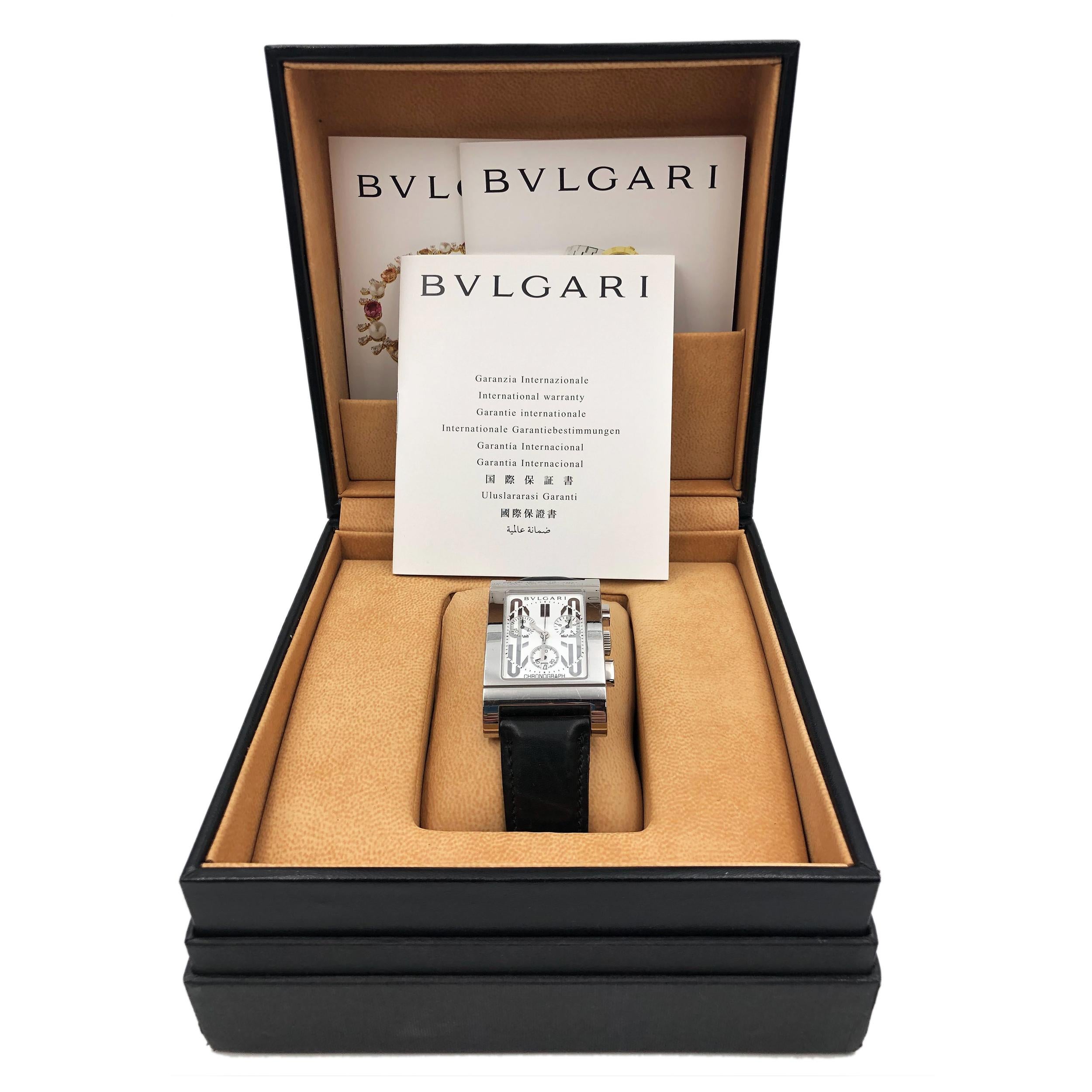 Men's Bvlgari Rettangolo Steel Leather Rectangle White Dial Quartz Mens Watch RTC 49 S