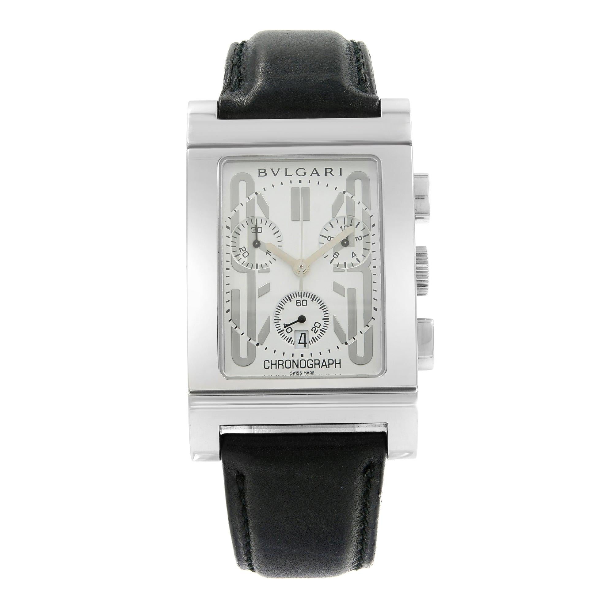 Bvlgari Rettangolo Steel Leather Rectangle White Dial Quartz Mens Watch RTC 49 S