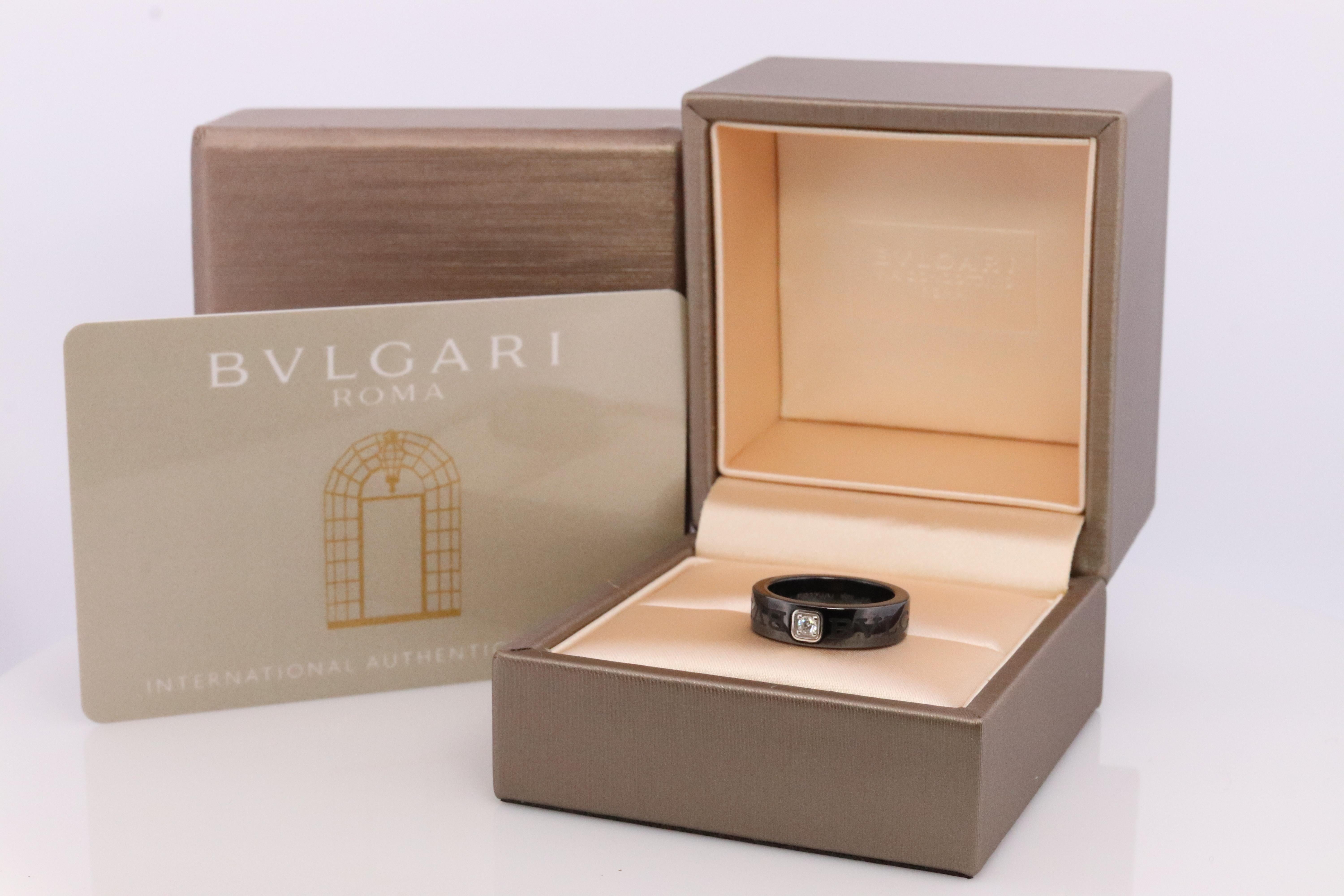 Authentic Bulgari Black Ceramic and Diamond Band.

Bvlgari Comfort Fit

Size 4.5 or 48(Bulgari)
5mm wide
3.4 grams
