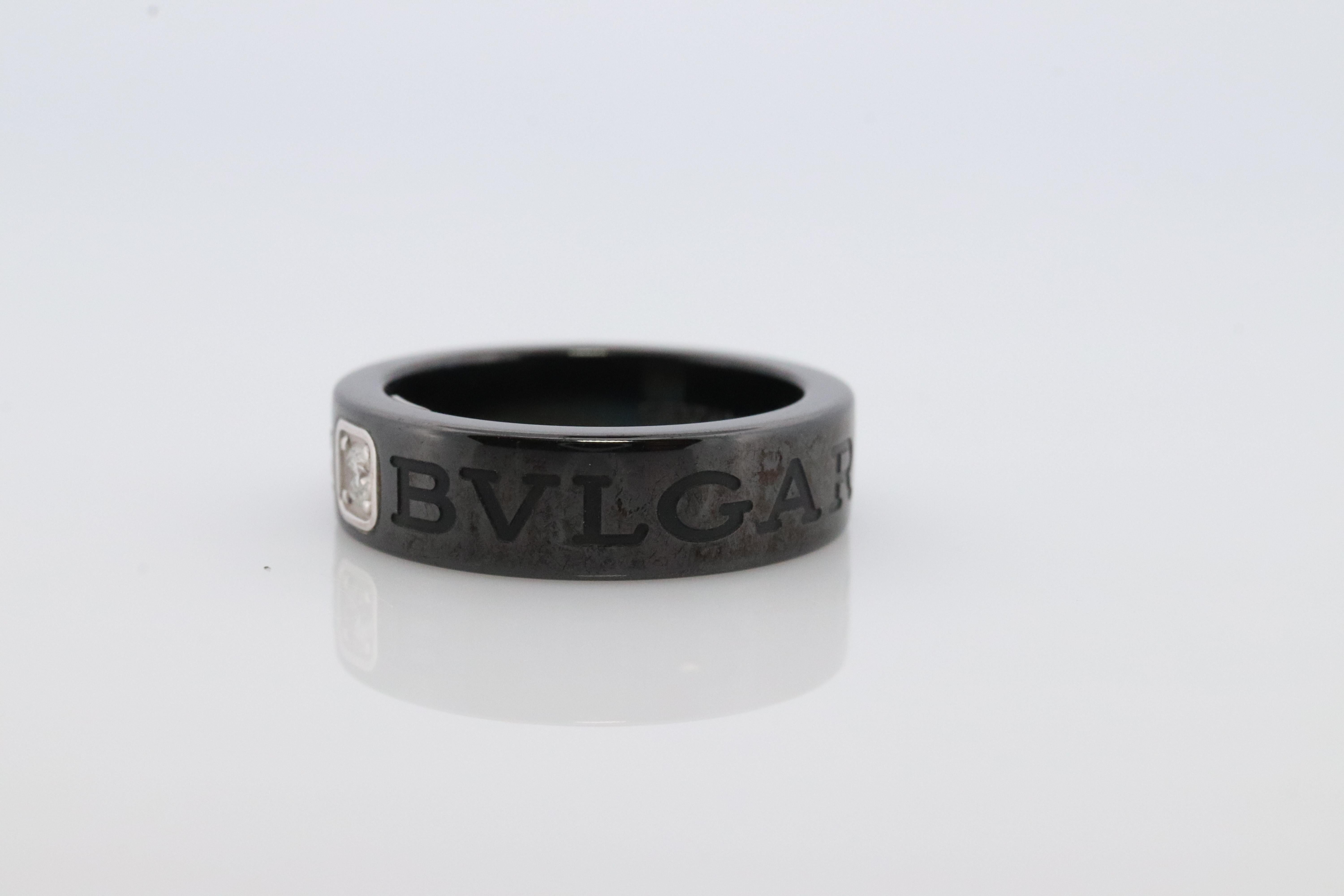 Round Cut Bvlgari Ring. Black Ceramic Diamond Solitaire. Certified Genuine Bvlgari
