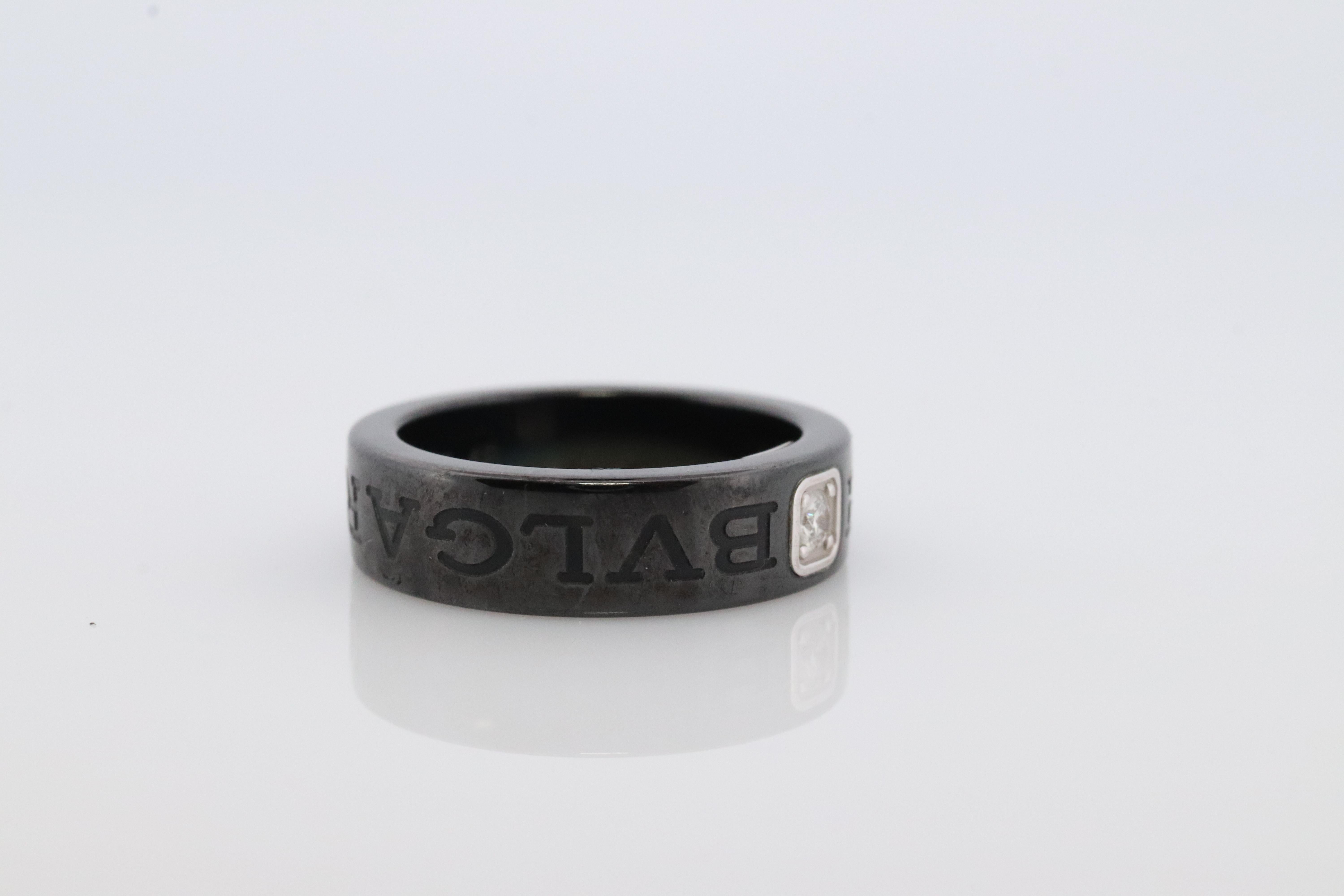Bvlgari Ring. Black Ceramic Diamond Solitaire. Certified Genuine Bvlgari In Good Condition In Port Charlotte, FL