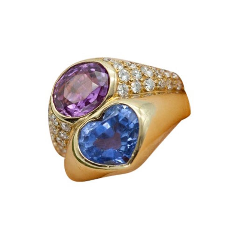 Bvlgari Ring in Gold with Diamonds, Pink and Blue Sapphires
