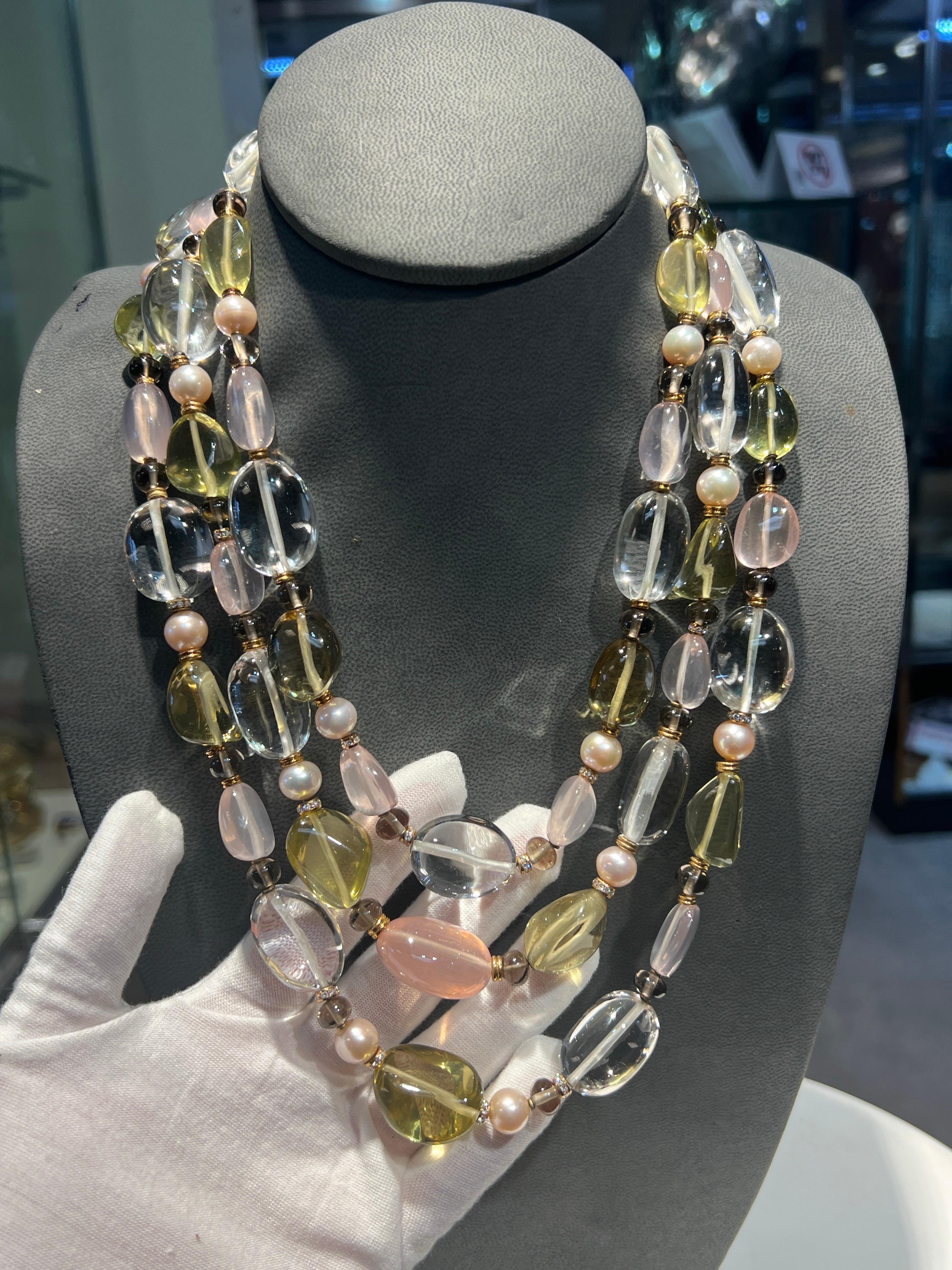 Bvlgari Rock Crystal Rose Quartz and Peridot Bead Necklace In Excellent Condition For Sale In New York, NY