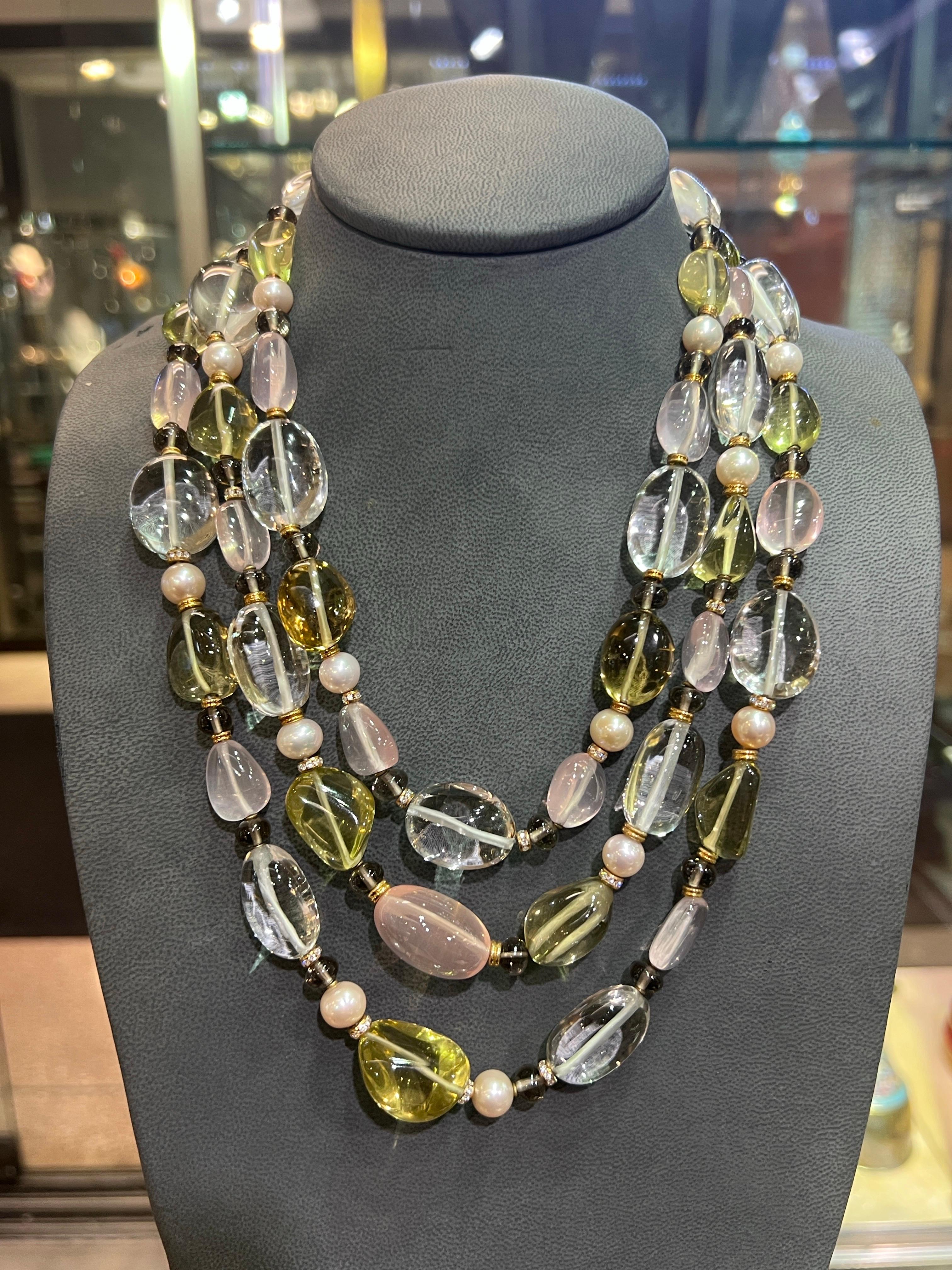 Bvlgari Rock Crystal Rose Quartz and Peridot Bead Necklace For Sale 3