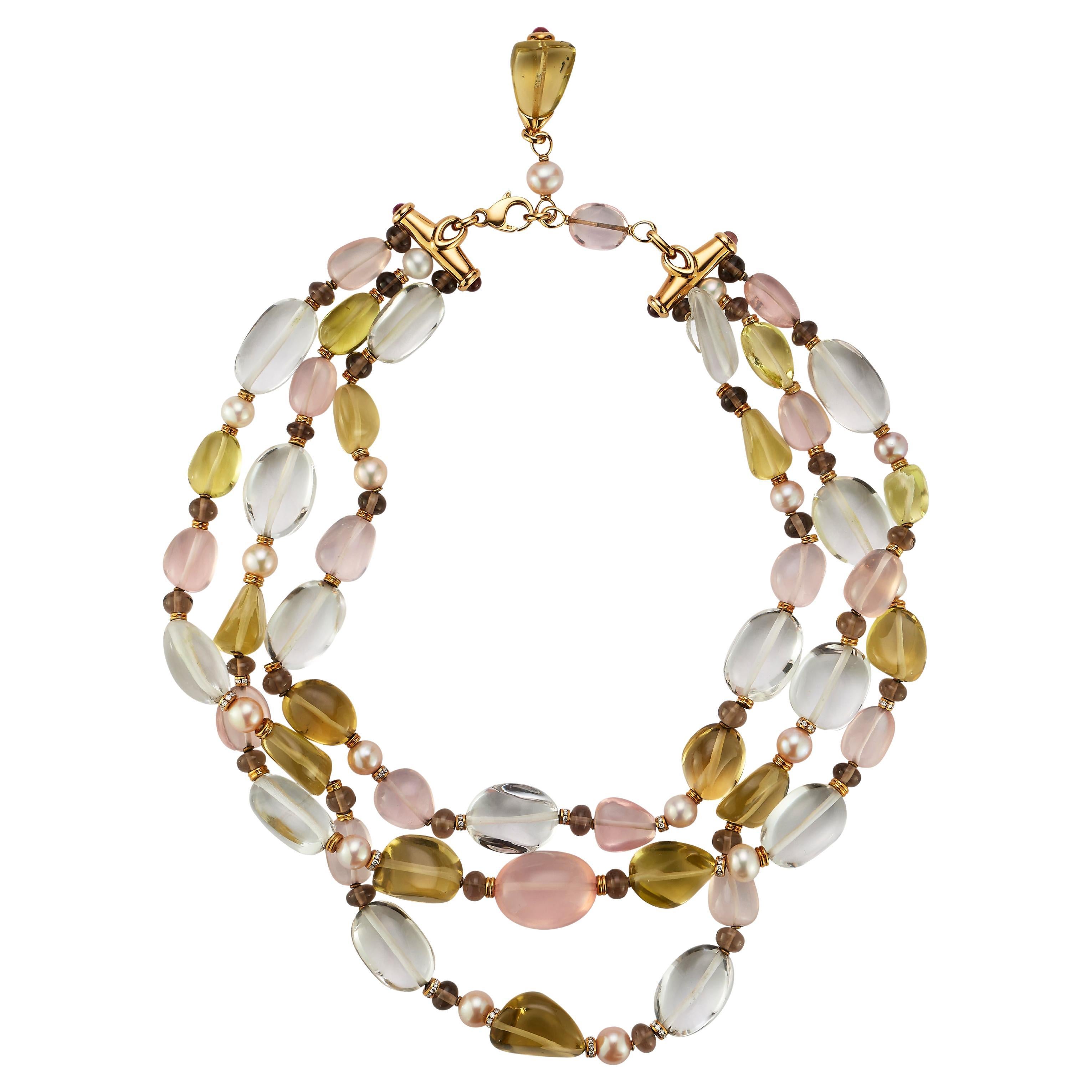 Bvlgari Rock Crystal Rose Quartz and Peridot Bead Necklace For Sale