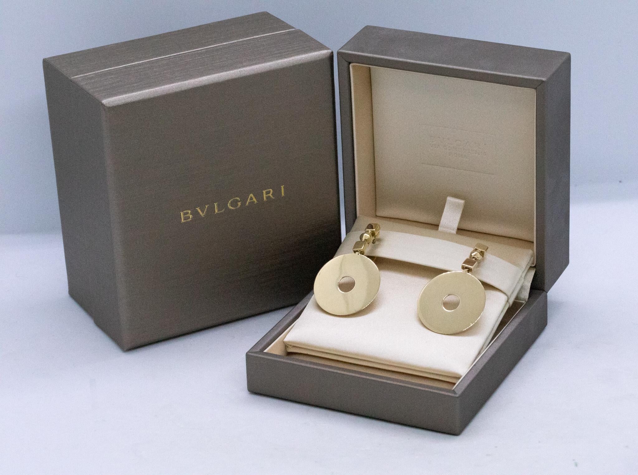 Bvlgari Roma 18Kt Yellow Gold Lucea Geometric Circles Drop Earrings In Excellent Condition In Miami, FL