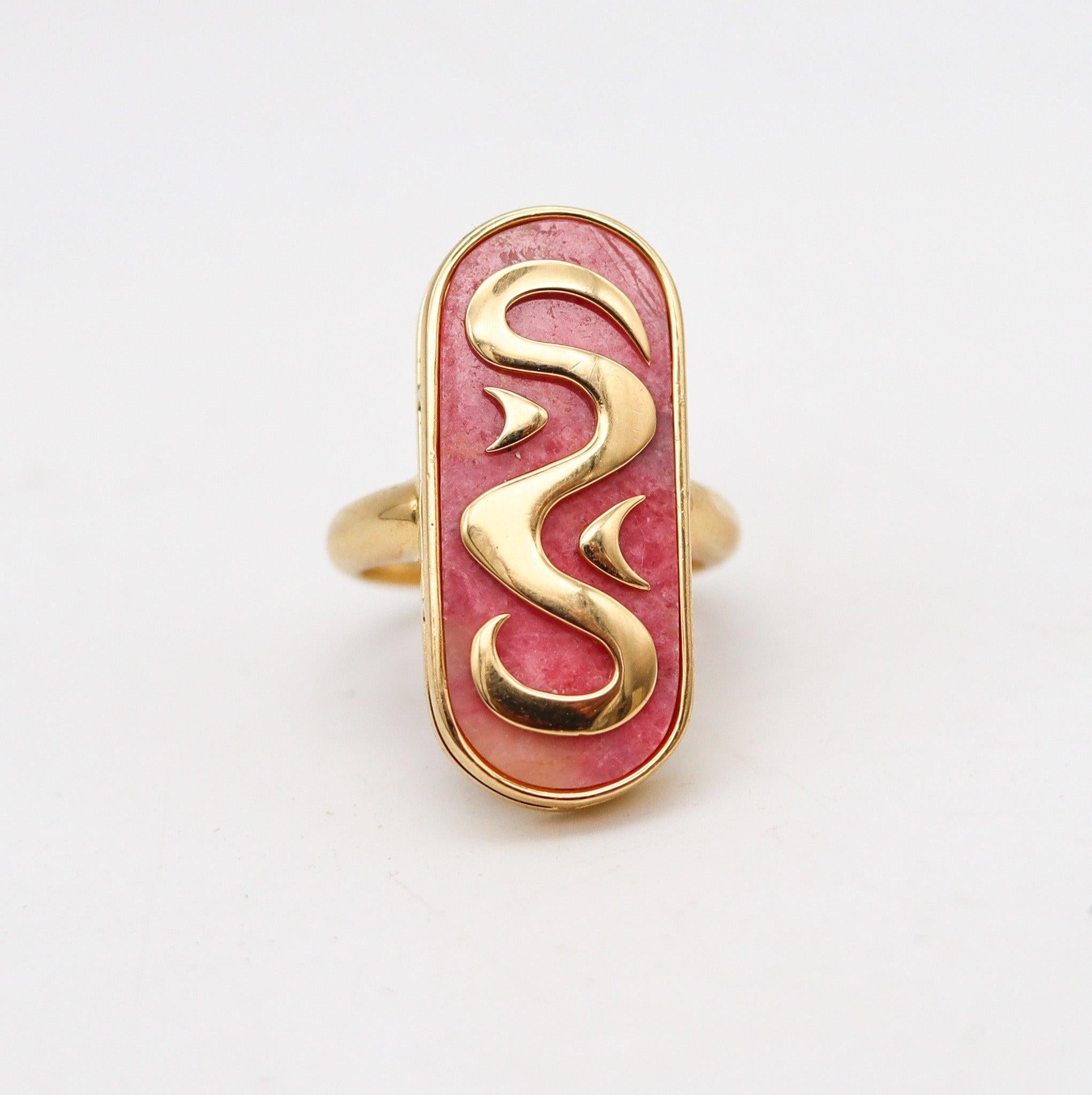 Cabochon BVLGARI Roma 1970 Modernist Artistic Ring In 18Kt Yellow Gold With Rhodochrosite For Sale