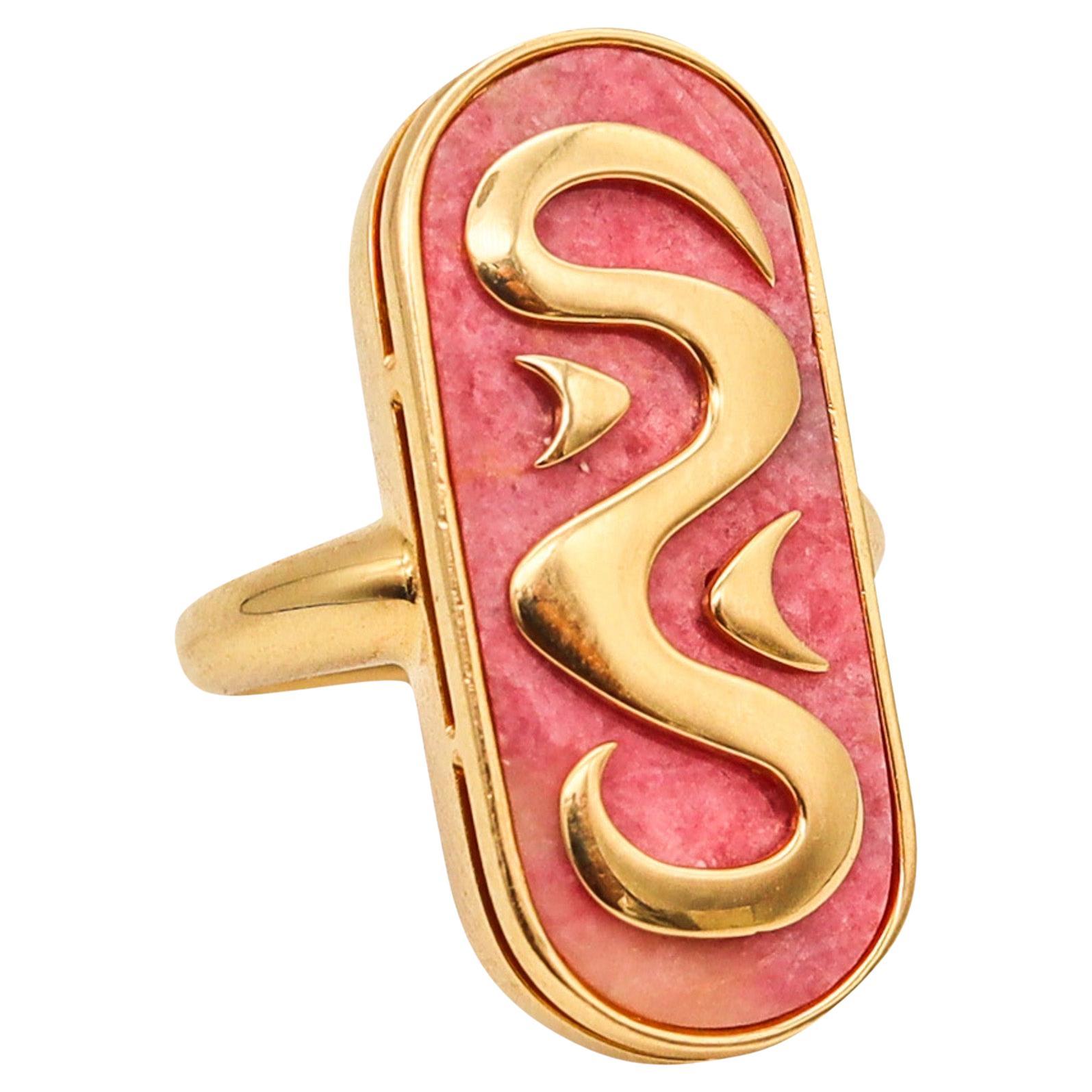 BVLGARI Roma 1970 Modernist Artistic Ring In 18Kt Yellow Gold With Rhodochrosite
