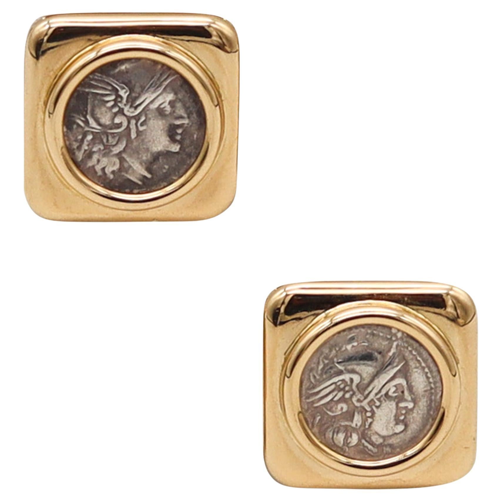 BVLGARI Boucles d'oreilles Roma 1970 Moneta 268 BC Roman Coins en or jaune 18Kt en vente