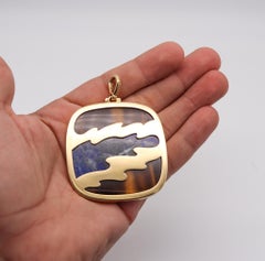 Bvlgari Roma 1970 Rare Abstract Modernist Pendant 18Kt Gold Sodalite & Tiger Eye