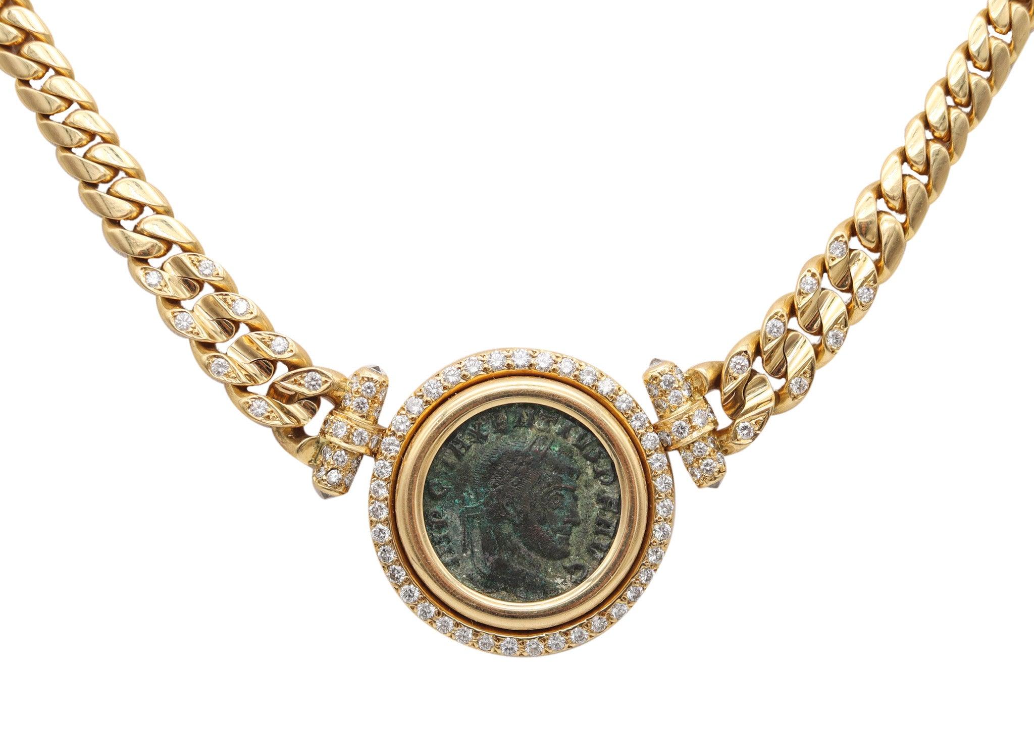 BVLGARI Roma 1980 Moneta 307 AD Necklace In 18Kt Yellow Gold With Diamonds