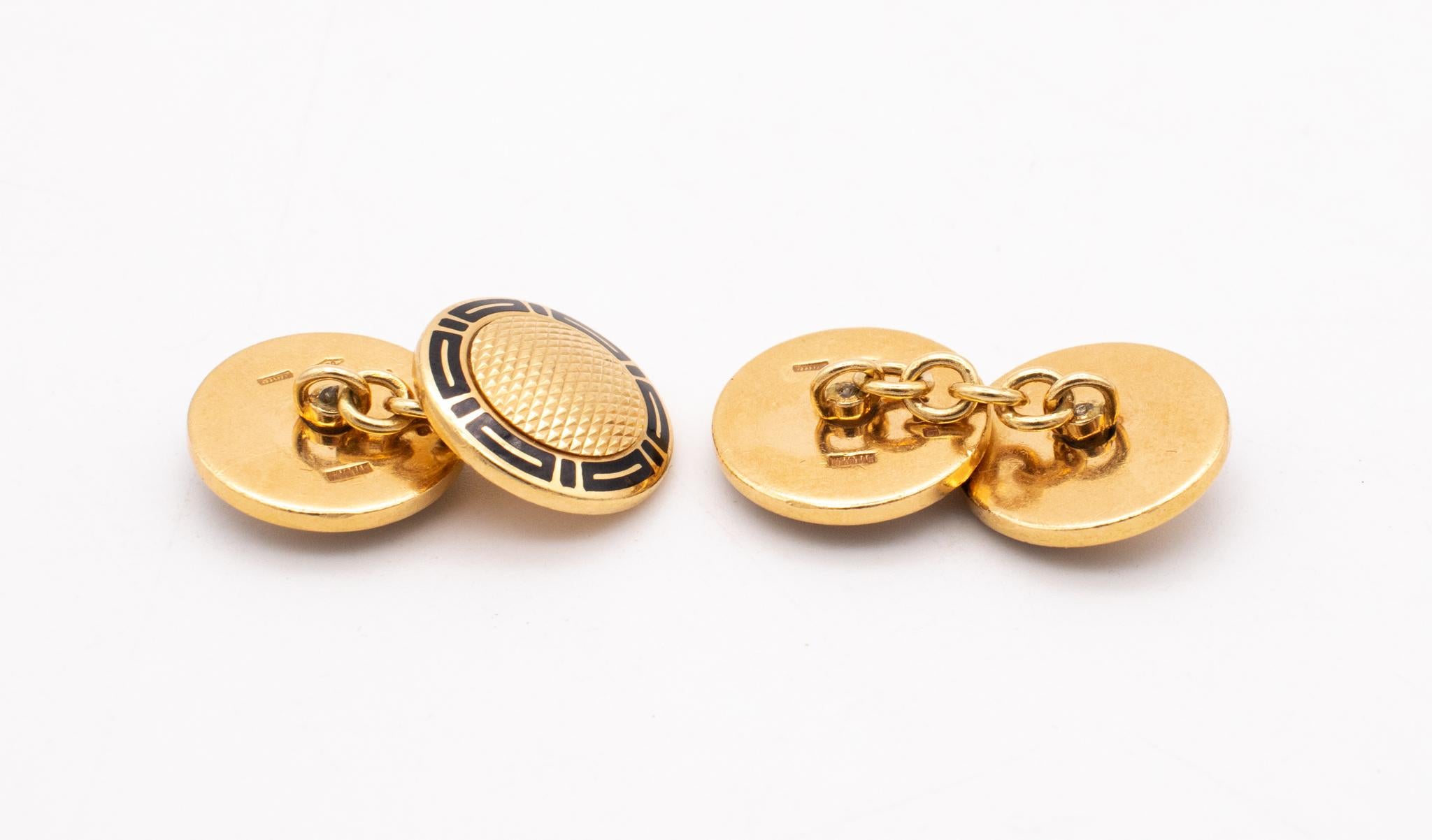 Bvlgari Roma Art-Deco Cufflinks in 18Kt Yellow Gold with Black Enamel For Sale 1