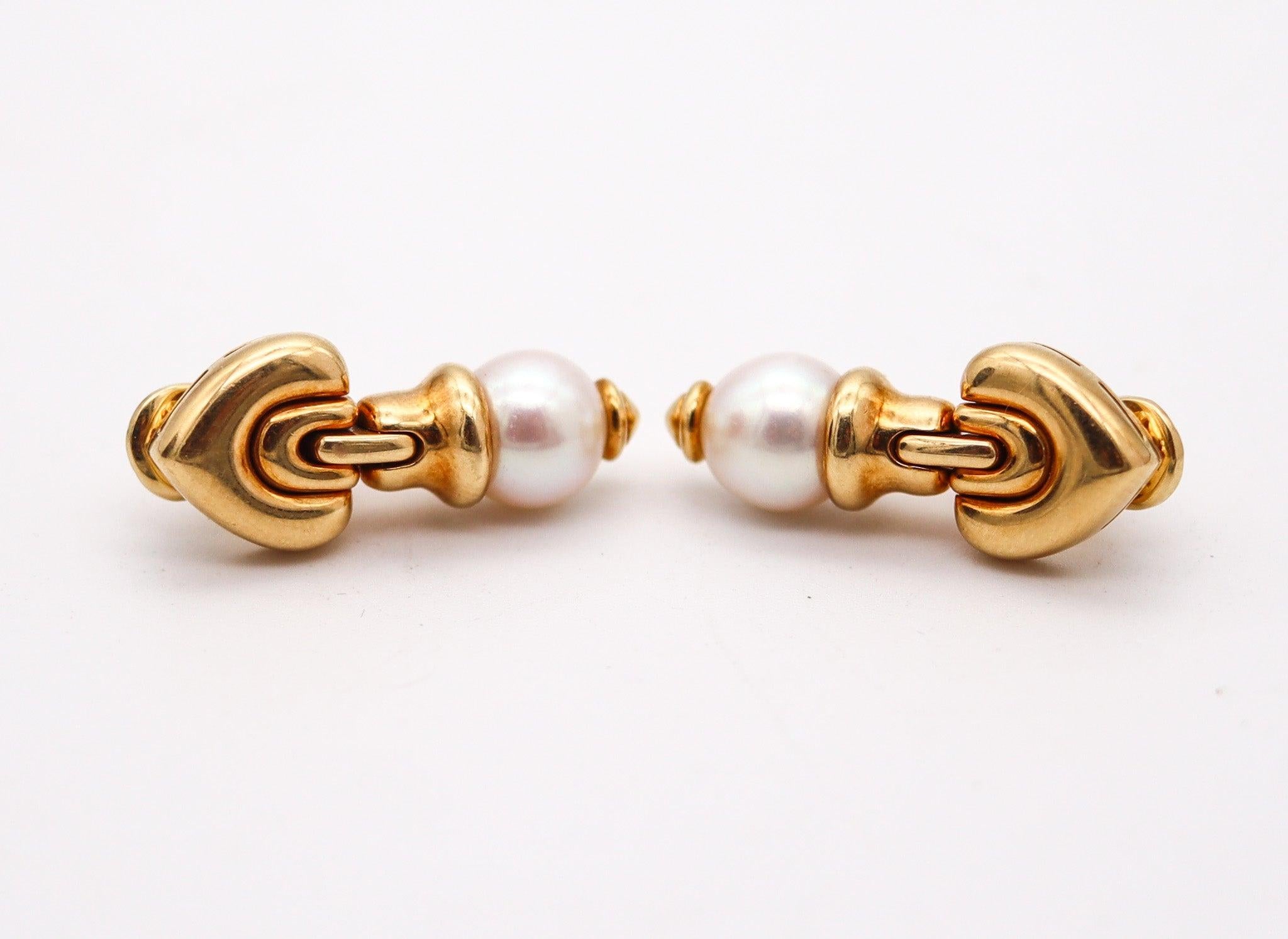 Modern BVLGARI Roma Clips-On Dangle Earrings In 18Kt Yellow Gold With White Pearls For Sale