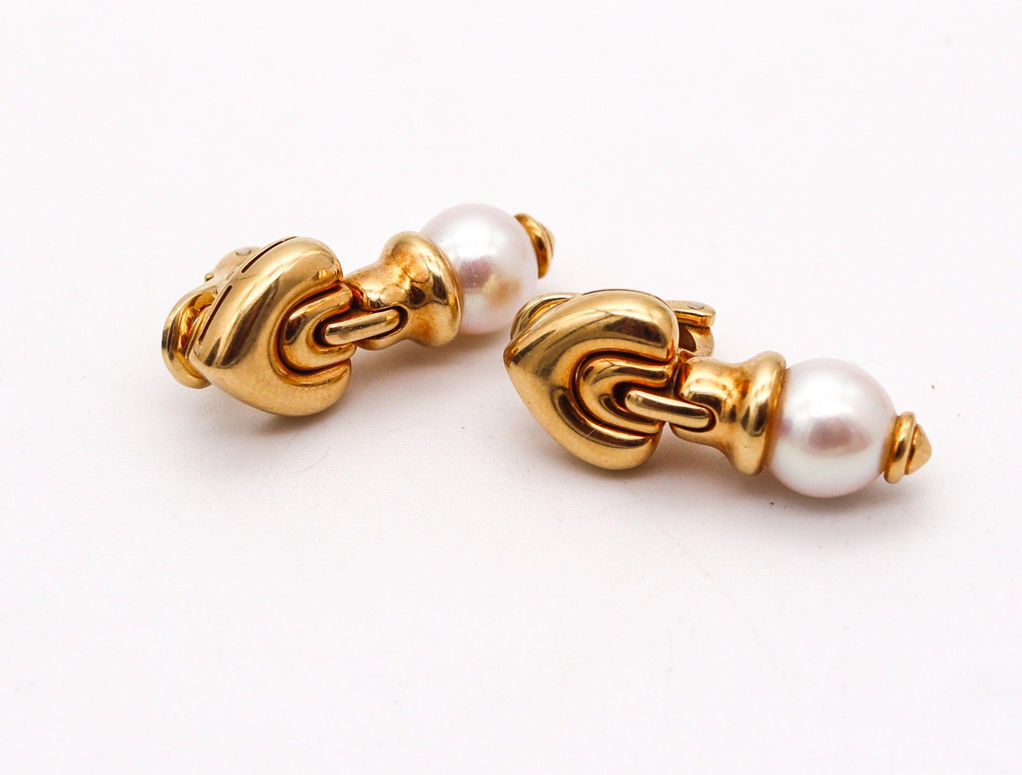 Round Cut BVLGARI Roma Clips-On Dangle Earrings In 18Kt Yellow Gold With White Pearls For Sale