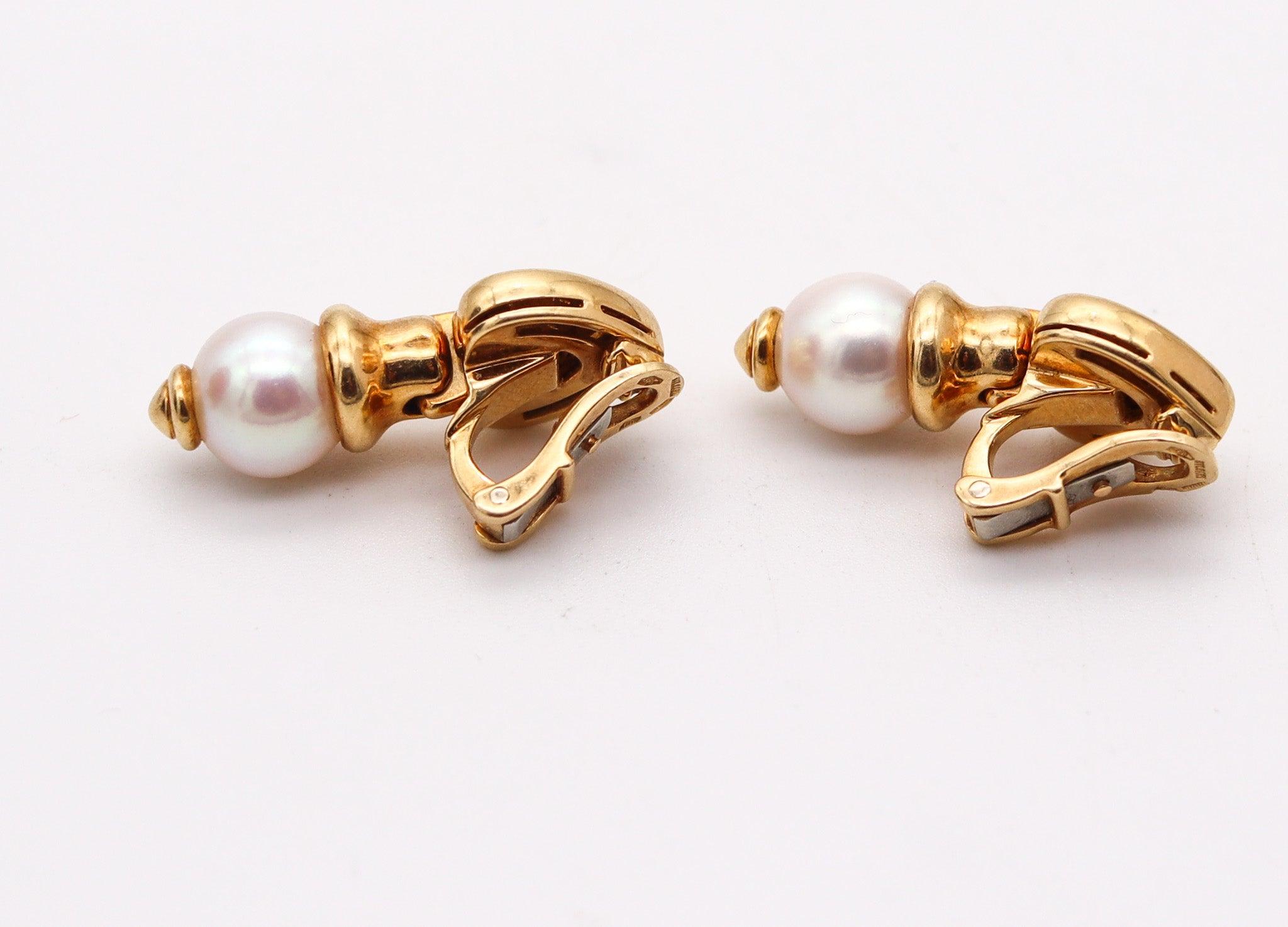 BVLGARI Roma Clips-On Dangle Earrings In 18Kt Yellow Gold With White Pearls In Excellent Condition For Sale In Miami, FL