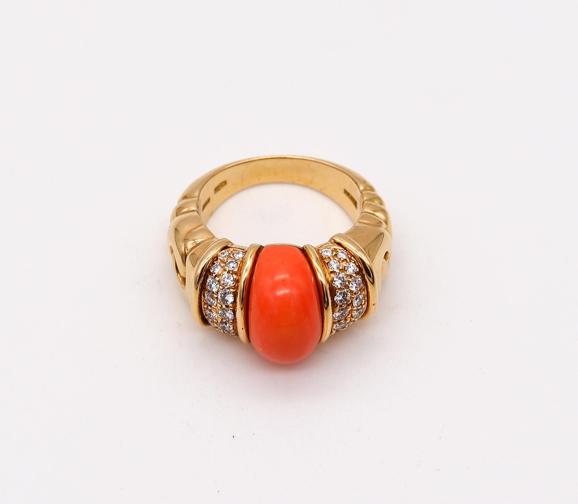 Modern Bvlgari Roma Cocktail Ring In 18Kt Gold With 3.68 Ctw Diamonds And Red Coral For Sale