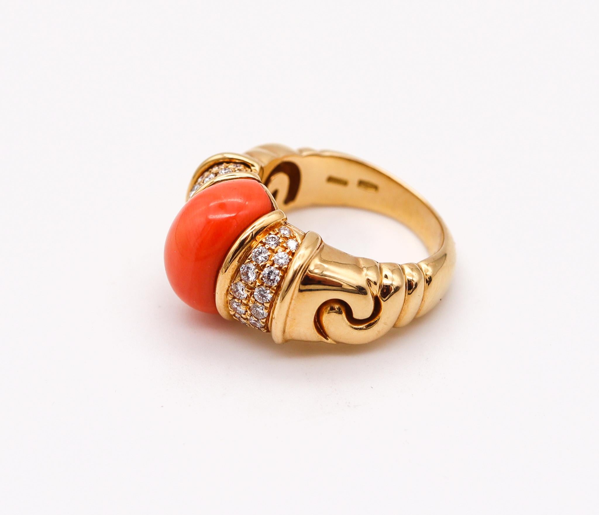 Brilliant Cut Bvlgari Roma Cocktail Ring In 18Kt Gold With 3.68 Ctw Diamonds And Red Coral For Sale
