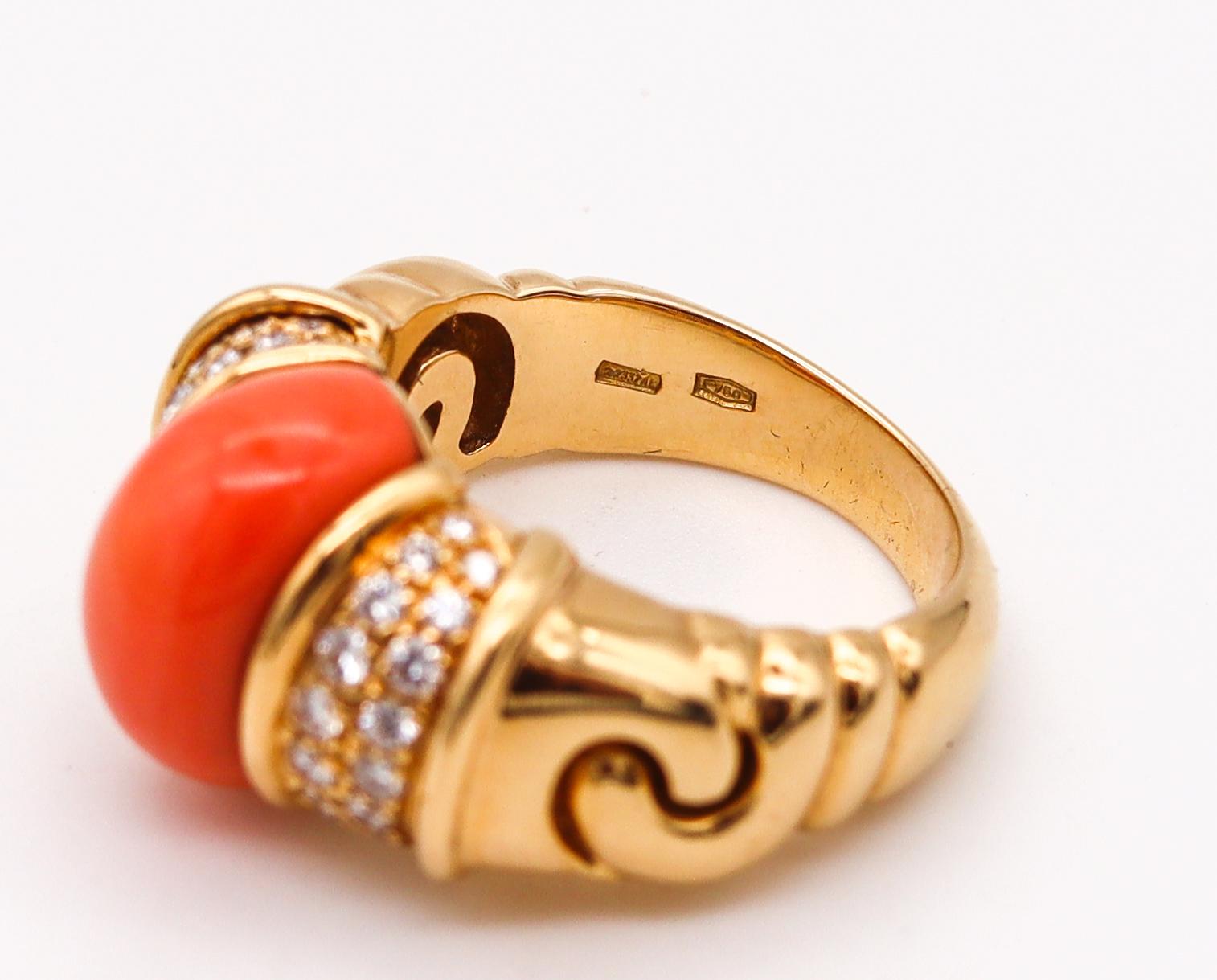 Bvlgari Roma Cocktail Ring In 18Kt Gold With 3.68 Ctw Diamonds And Red Coral In Excellent Condition For Sale In Miami, FL