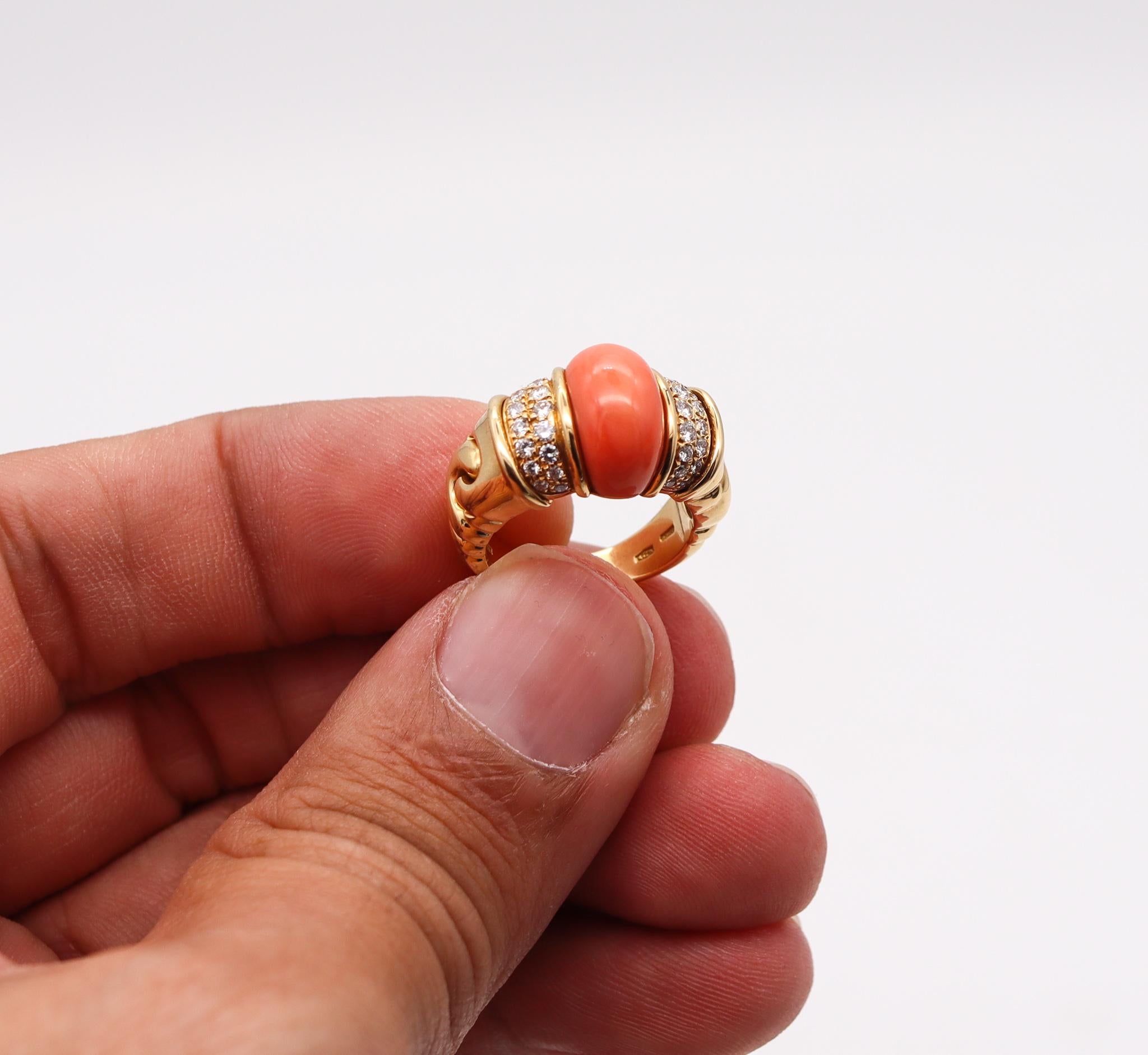 Bvlgari Roma Cocktail Ring In 18Kt Gold With 3.68 Ctw Diamonds And Red Coral For Sale 1