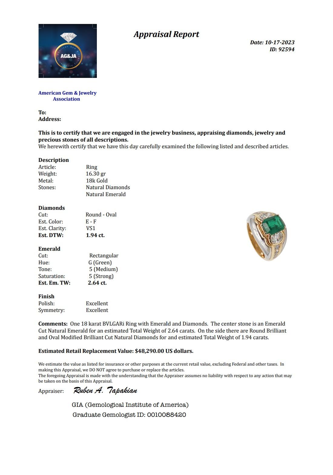 Bvlgari Roma Cocktail Ring In 18Kt Gold With 4.58 Ctw In Diamonds And Emerald 2