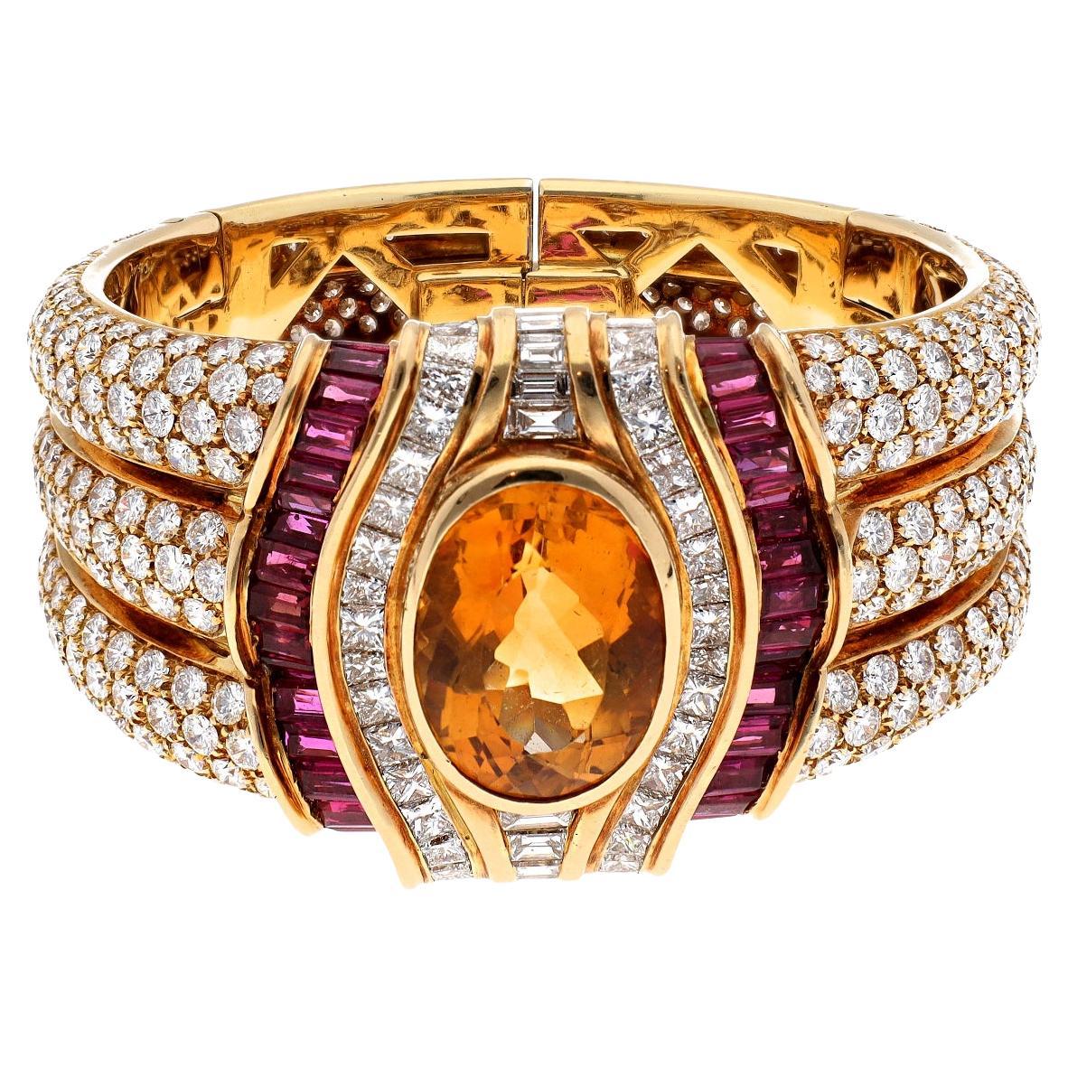 Bvlgari Roma Collection Internationale Citrine Diamond Ruby Gold Cuff Bangle