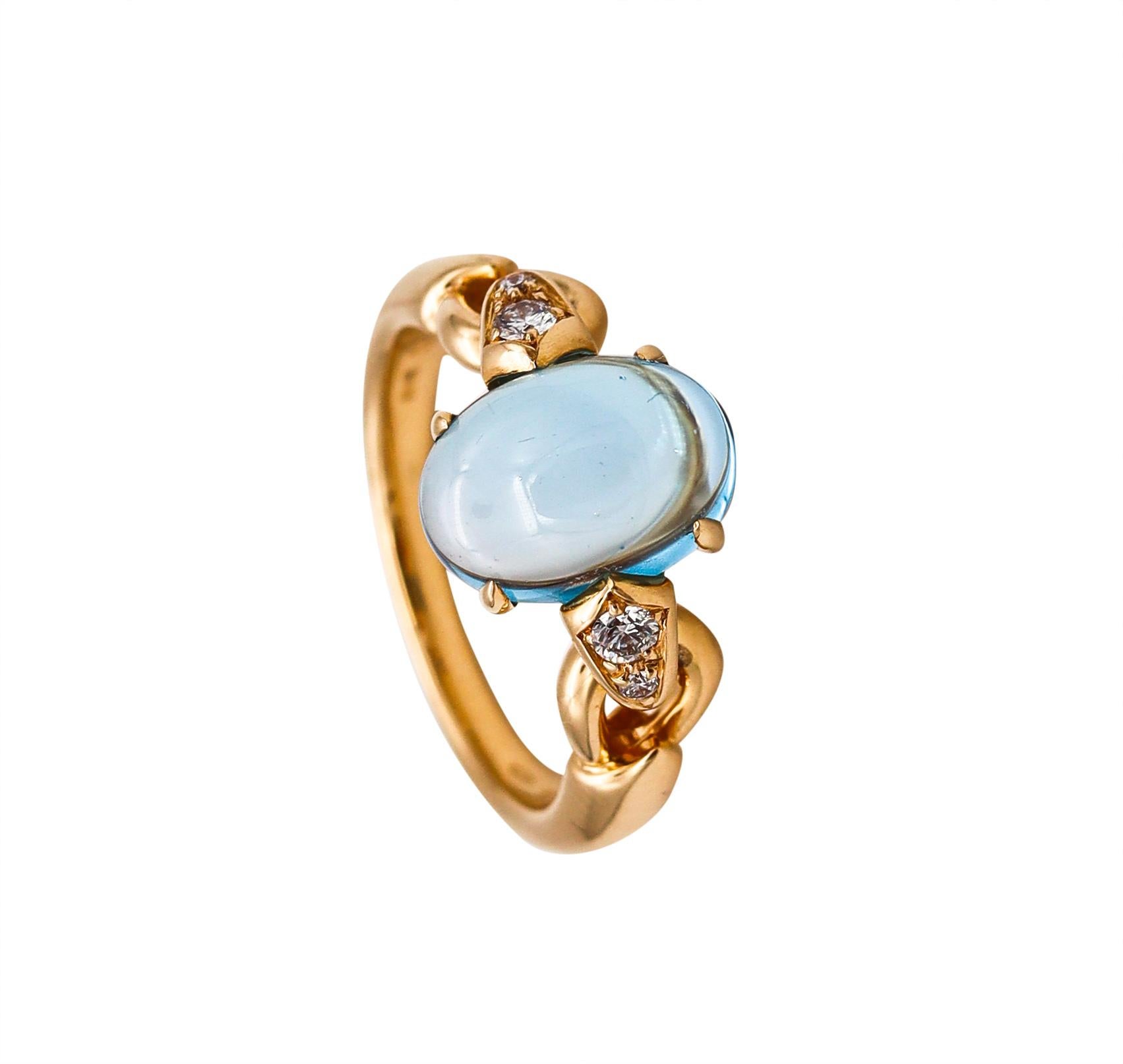 A ring designed by Bvlgari.

Colorful contemporary piece, created in Roma Italy by the jewelry house of Bvlgari. This youthful ring has been crafted in solid yellow gold of 18 karats, with high polished finish.

Mount in the center, with a movable
