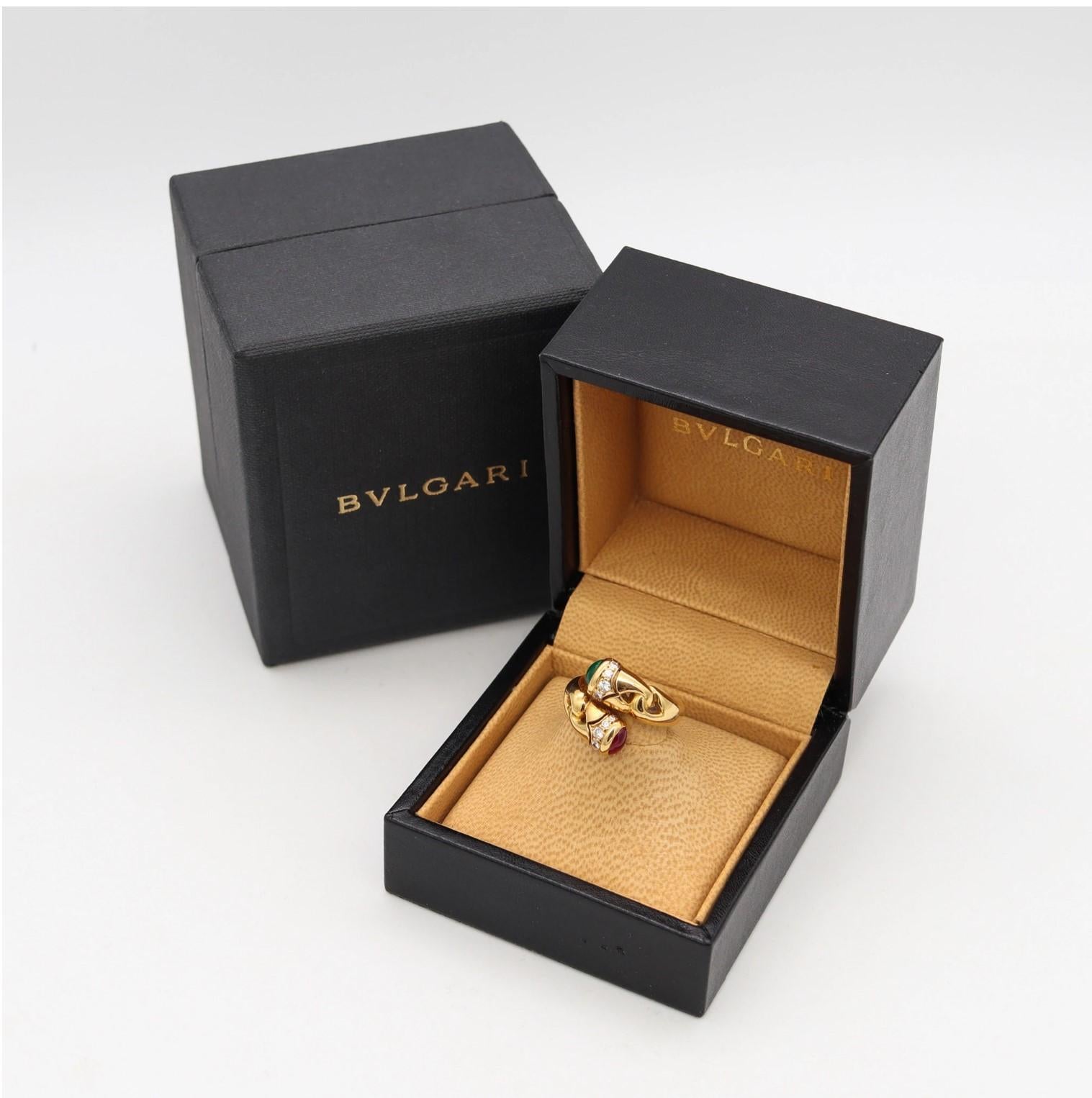 A gem-set bypass ring designed by Bvlgari.

Beautiful piece of jewelry, created in Rome, Italy by the iconic jewelry house of Bvlgari. This rare bypass ring is part of the Bvlgari Prestige Collection and was carefully crafted with great attention to