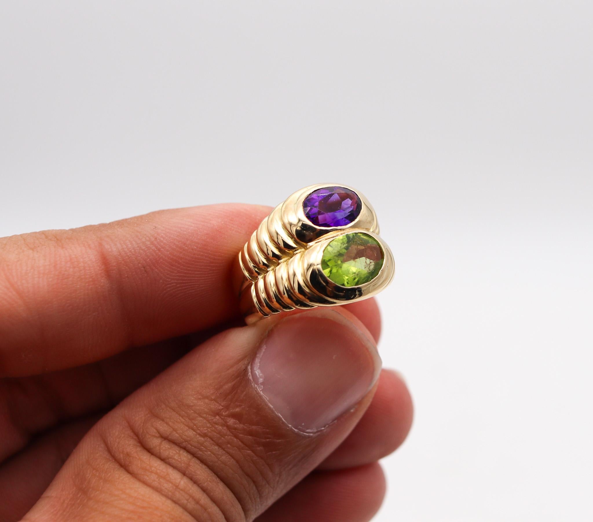 Oval Cut Bvlgari Roma Doppio Ring In 18Kt Yellow Gold With Tourmaline And Amethyst For Sale