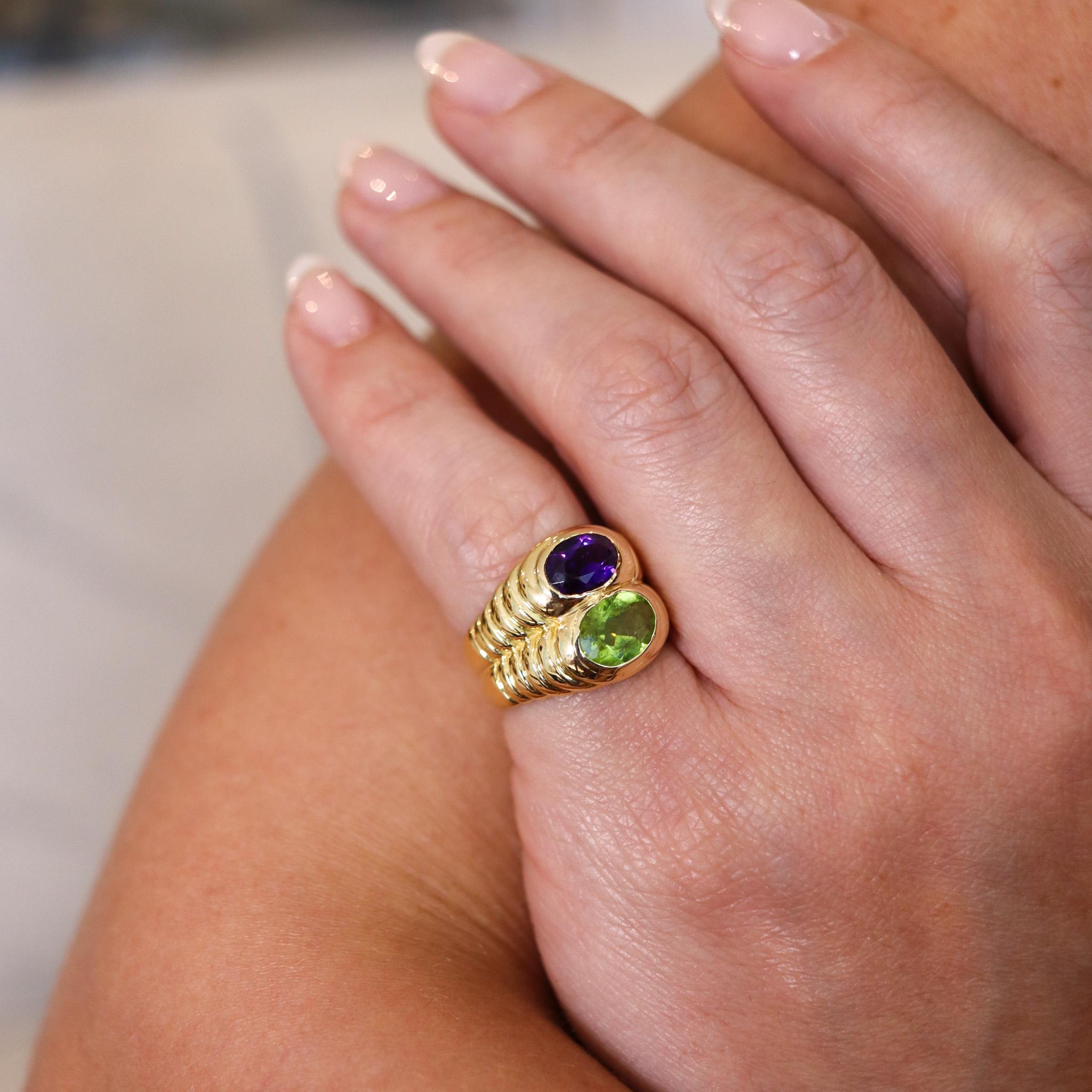 Bvlgari Roma Doppio Ring In 18Kt Yellow Gold With Tourmaline And Amethyst In Excellent Condition For Sale In Miami, FL
