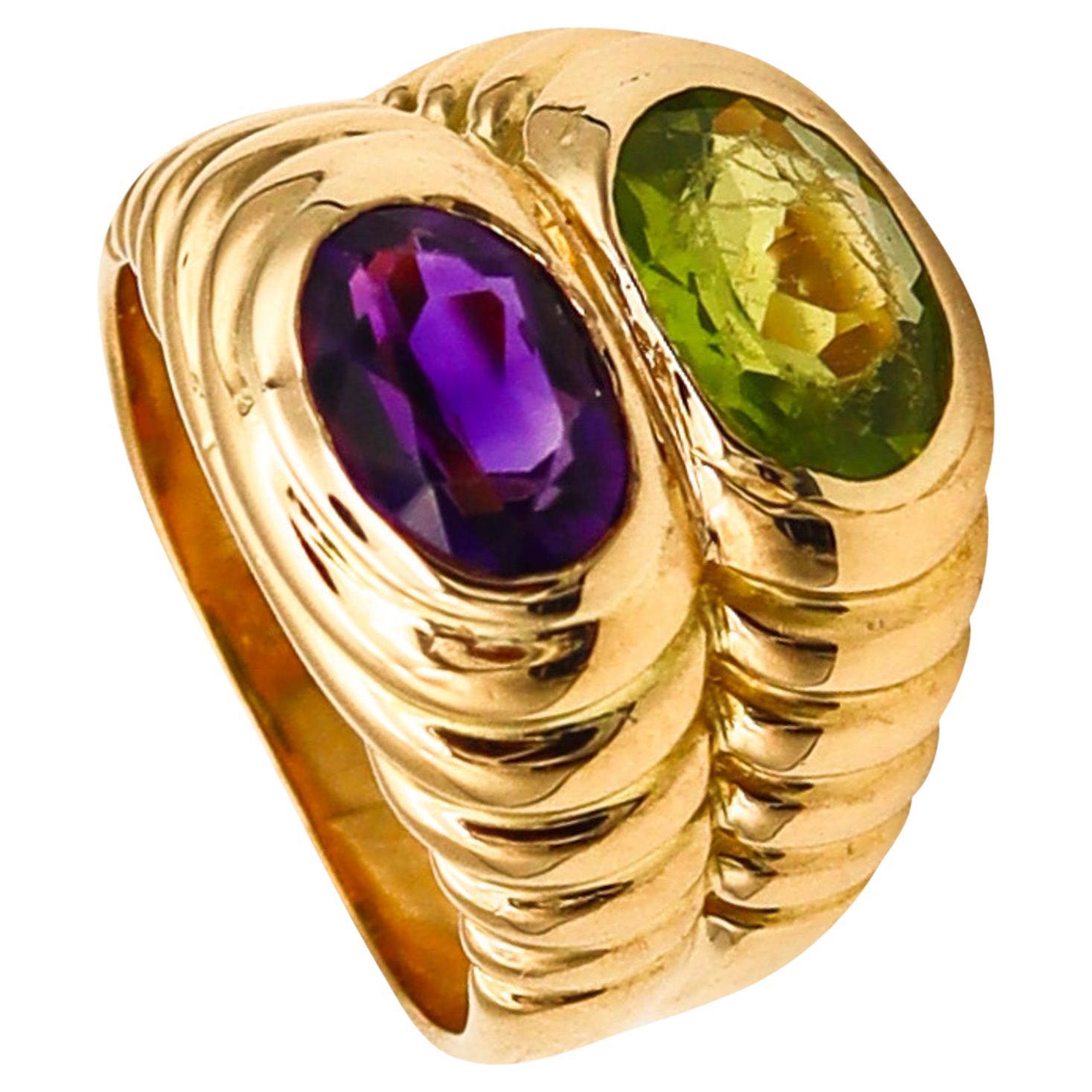 Bvlgari Roma Doppio Ring In 18Kt Yellow Gold With Tourmaline And Amethyst For Sale