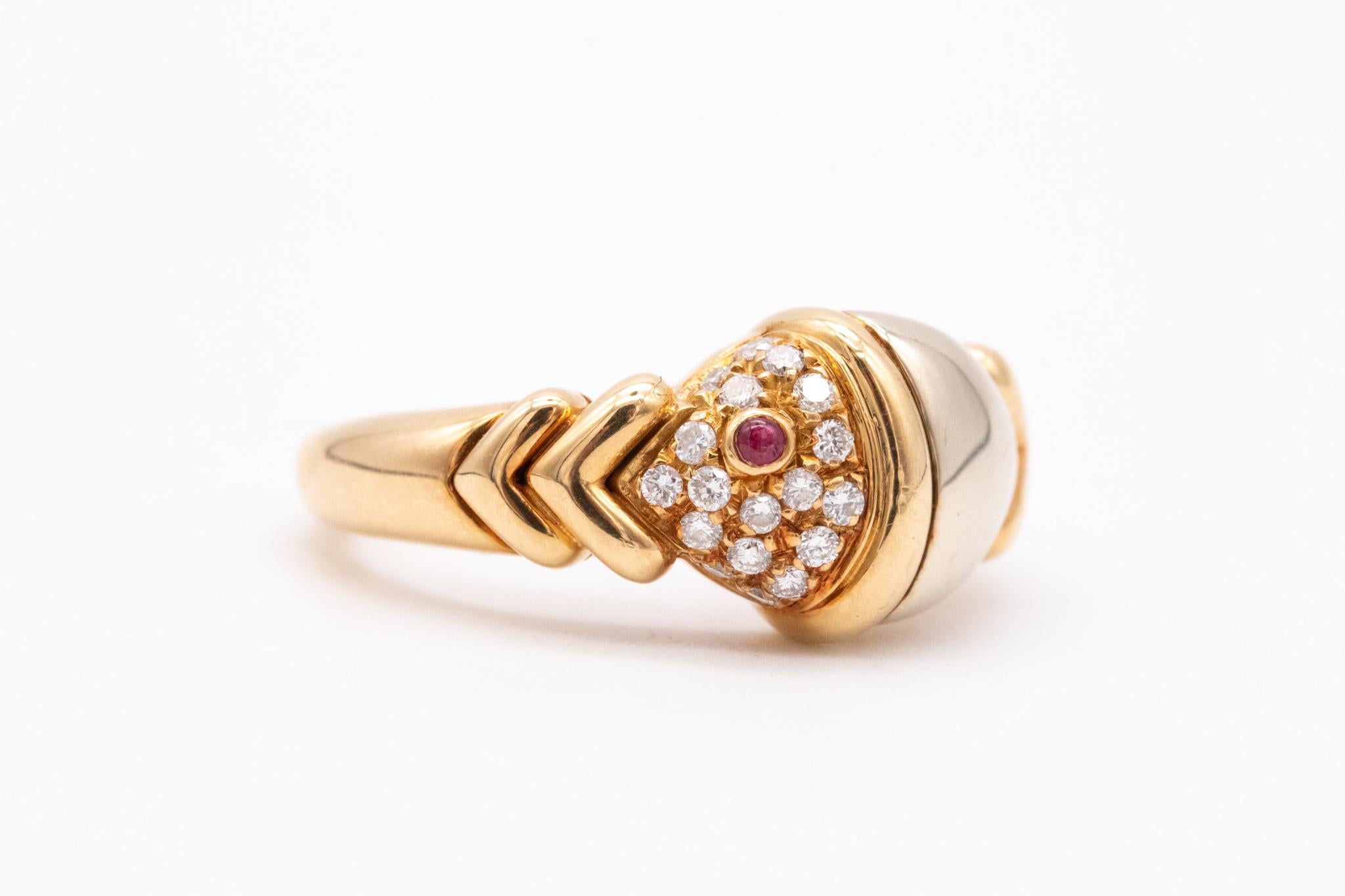 Women's Bvlgari Roma Fish Pesce Ring in 18Kt Two Tones Gold with Diamonds and Ruby