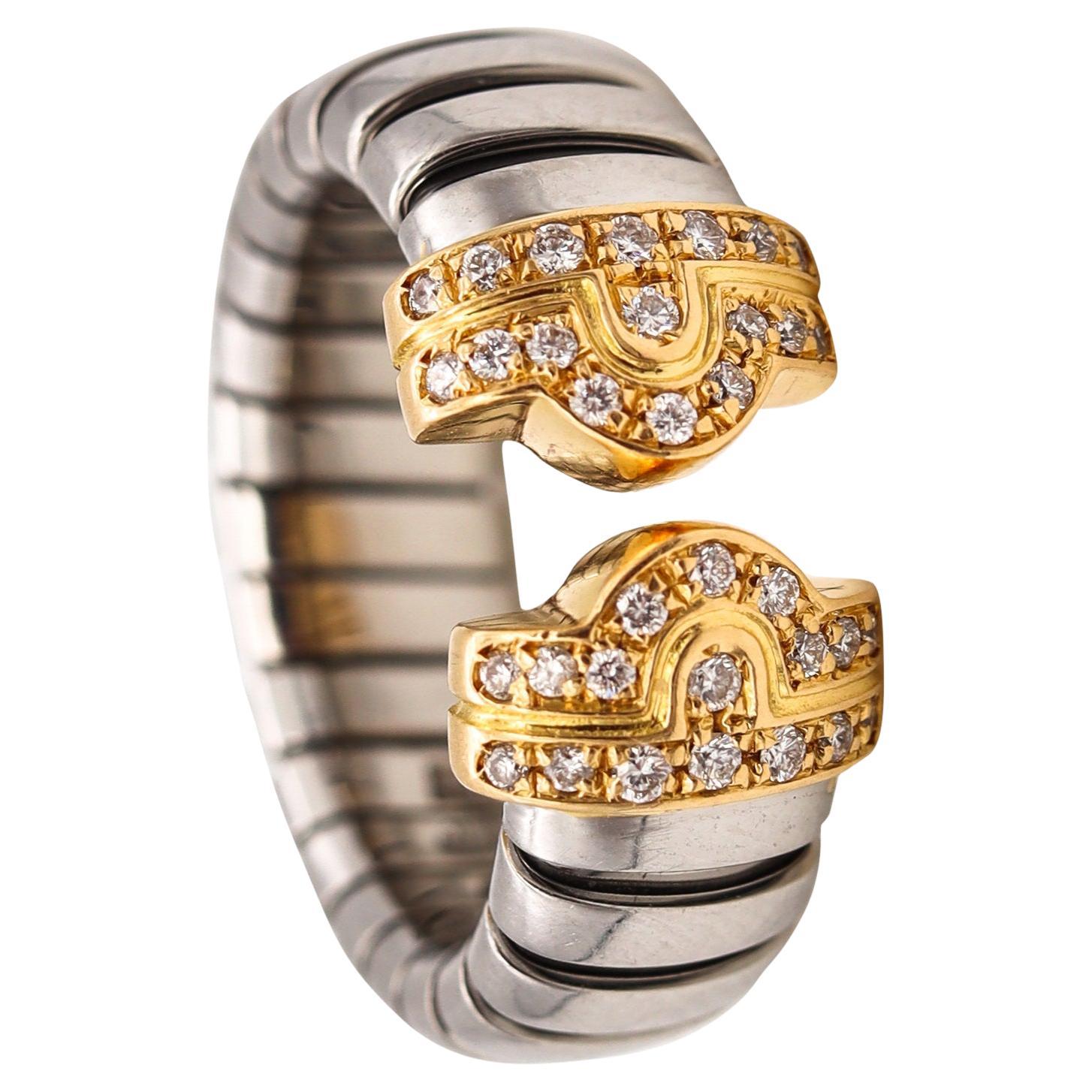 Bvlgari Roma Parentesi Tubogas Flexible Ring 18Kt Yellow Gold 
Steel Diamonds