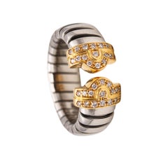 Bvlgari Roma Parentesi Tubogas Ring in 18kt Yellow Gold & Steel with Diamonds