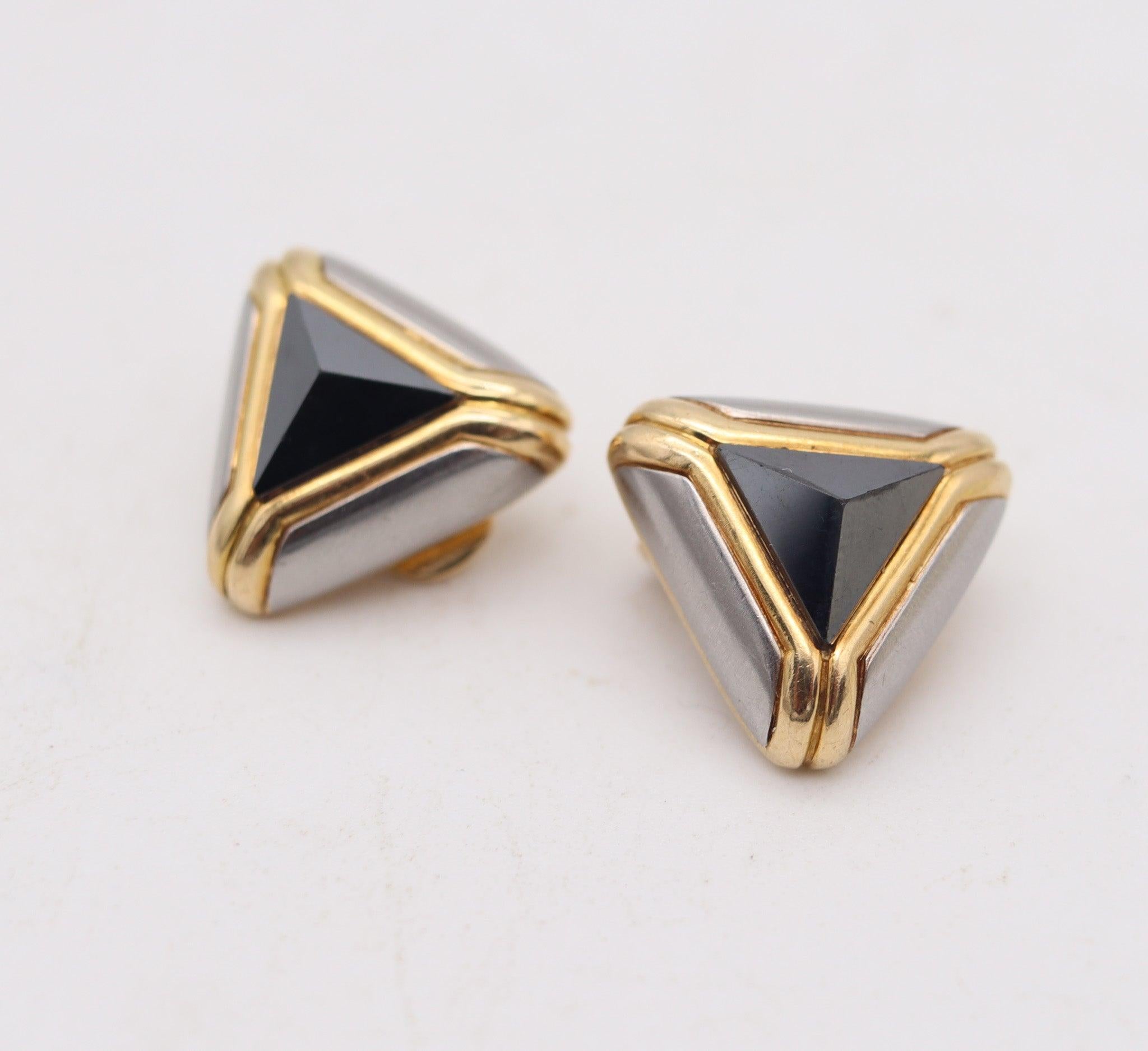 Taglio misto BVLGARI Roma-Paris - Orecchini a clip geometrici in oro massiccio 18Kt con ematiti in vendita