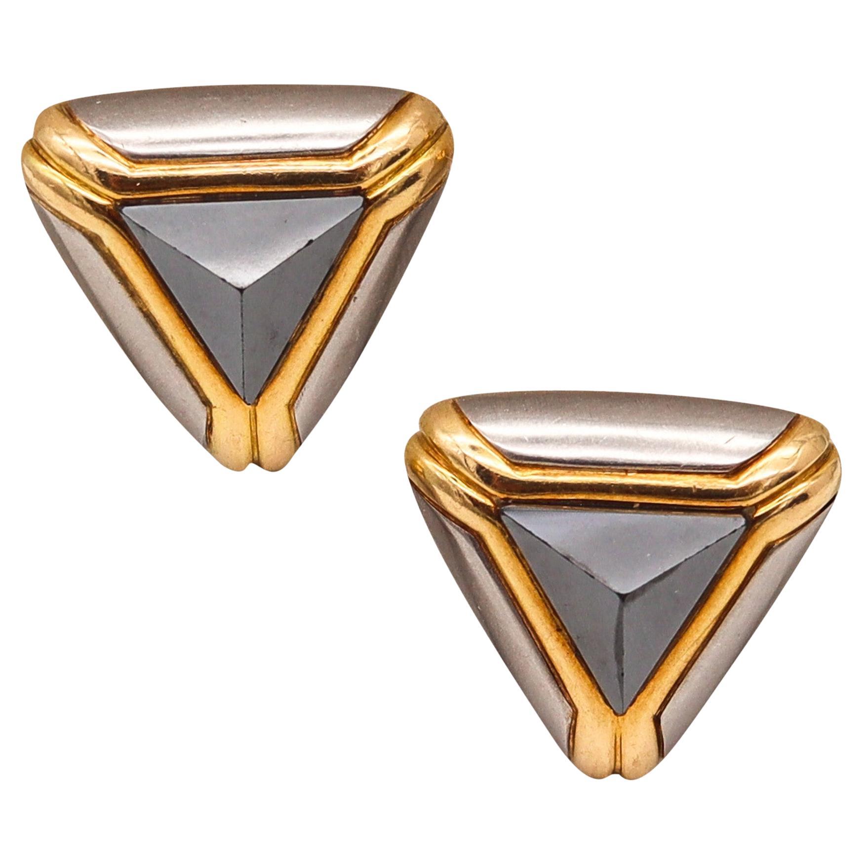 BVLGARI Roma-Paris - Orecchini a clip geometrici in oro massiccio 18Kt con ematiti in vendita