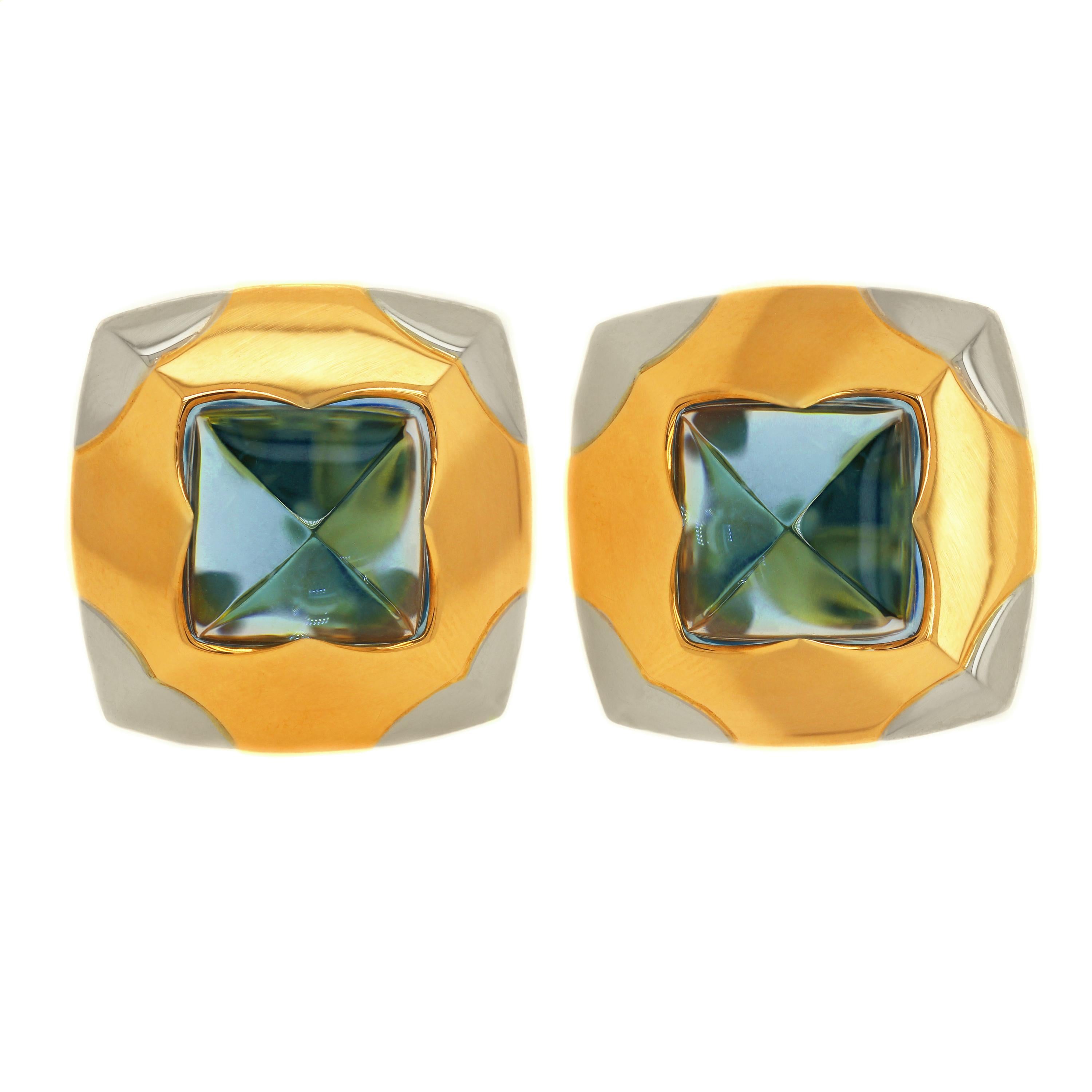 Bvlgari Roma Pyramid 18K Two Tone Gold Sugarloaf Cabochon Blue Topaz Earrings In Excellent Condition For Sale In Boca Raton, FL