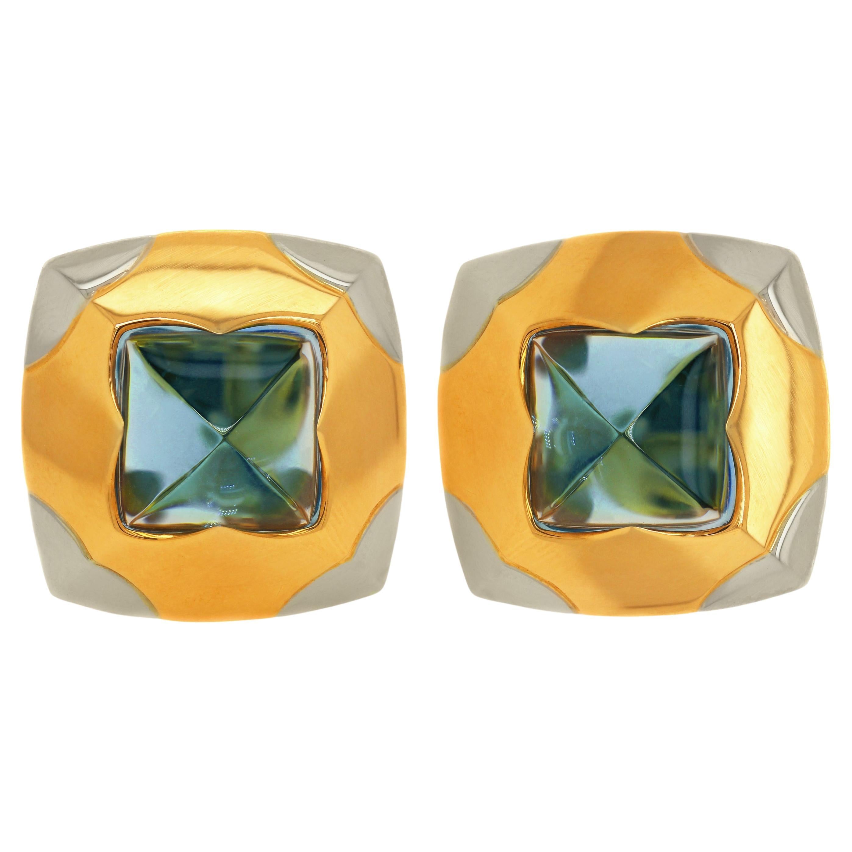 Bvlgari Roma Pyramid 18K Two Tone Gold Sugarloaf Cabochon Blue Topaz Earrings For Sale