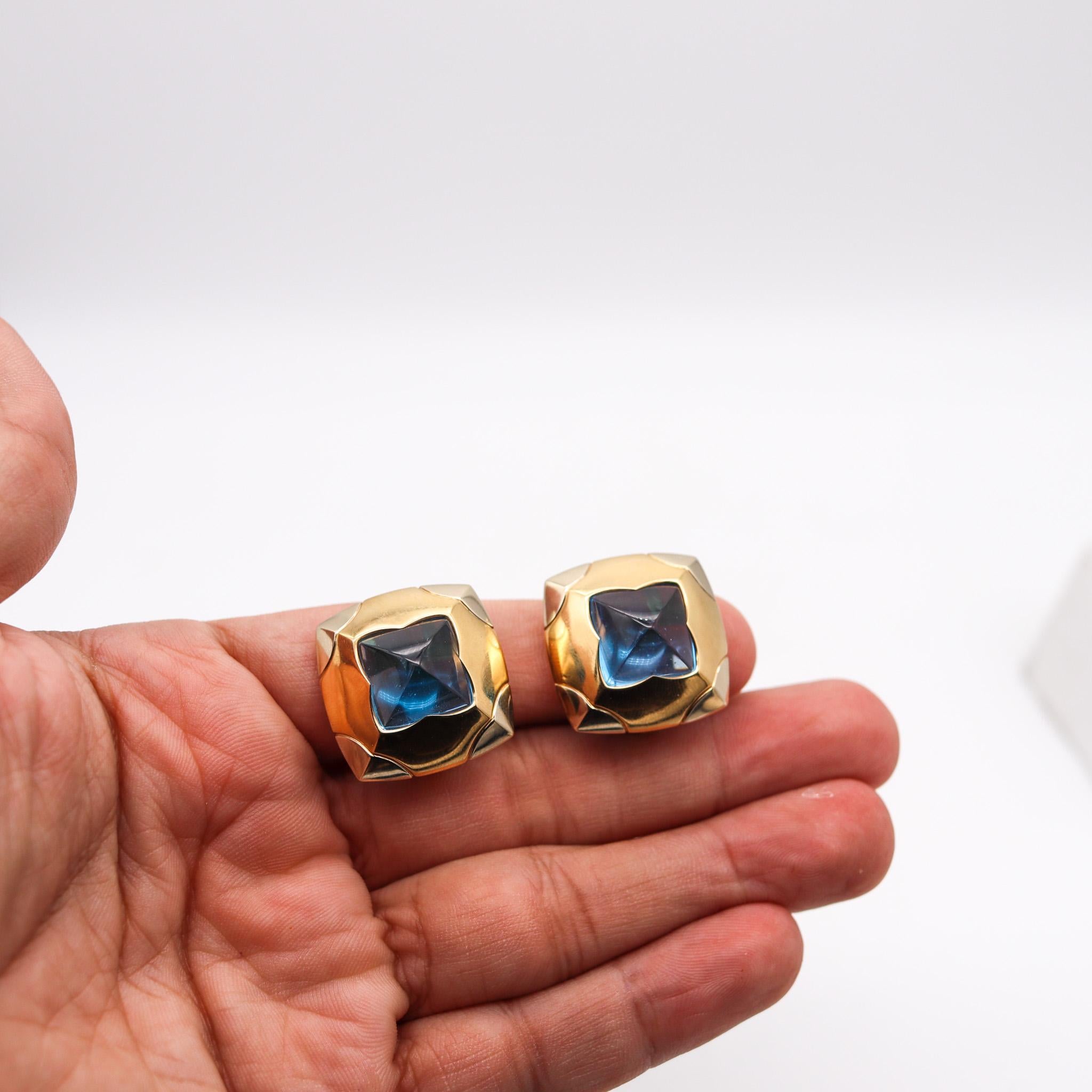 Bvlgari Roma Pyramid Clips Earrings in 18kt Gold with 36ctw Carved Blue Topaz In Excellent Condition For Sale In Miami, FL