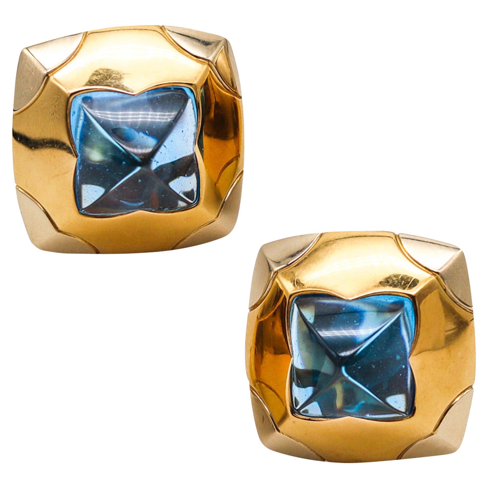 Bvlgari Roma Pyramid Clips Earrings in 18kt Gold with 36ctw Carved Blue Topaz For Sale