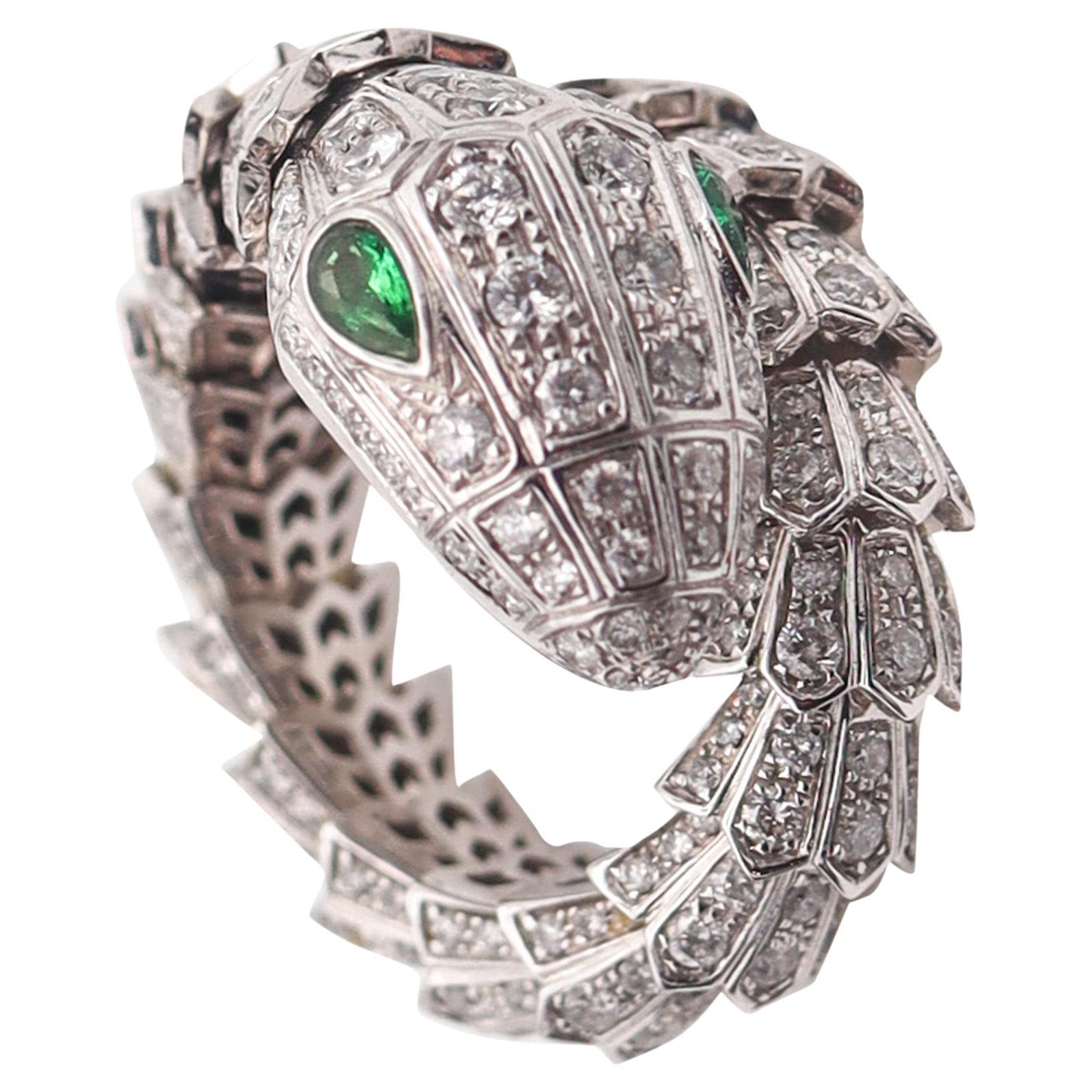 Bvlgari Roma Serpenti Ring In 18Kt Gold With 7.36 Ctw In Diamonds And Emerald For Sale
